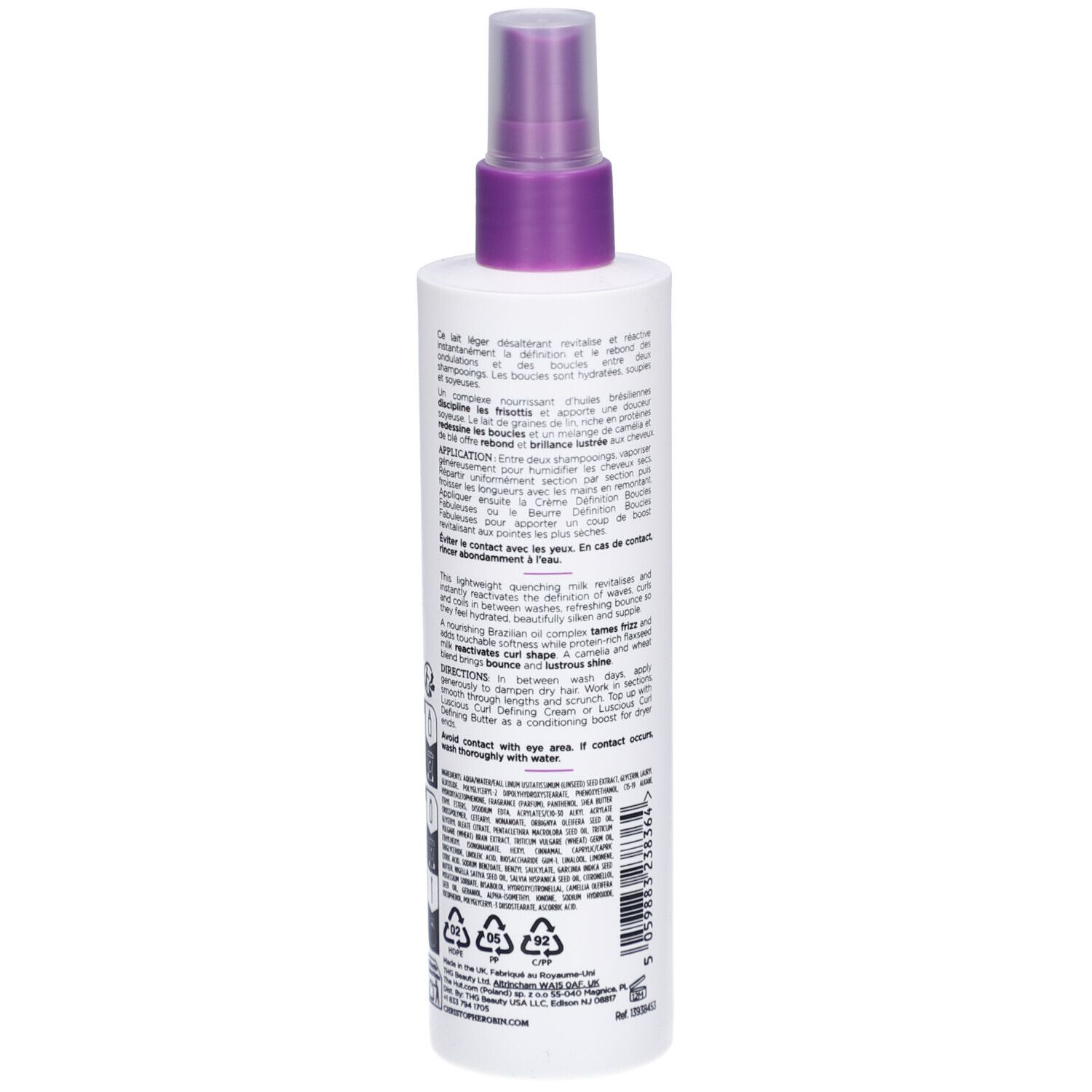 Weiße Flasche mit lila Sprühkopf. Text auf der Rückseite. Produktname: Brume Revitalisante Boucles Fabuleuses. Inhaltsstoffe und Anweisungen.