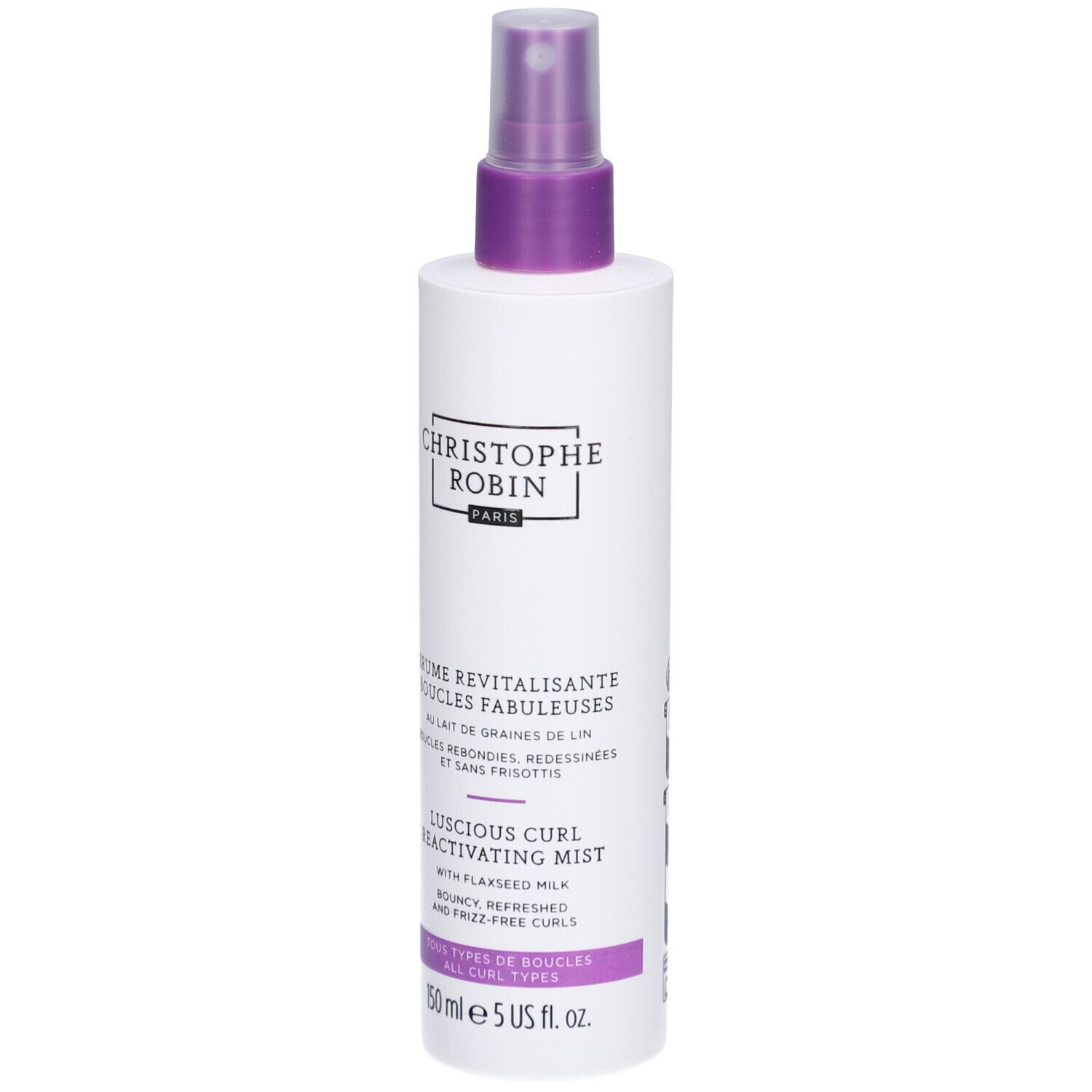 Weiße Flasche mit lila Sprühkopf. Text: Christophe Robin, Brume Revitalisante Boucles Fabuleuses, Luscious Curl Reactivating Mist. 150 ml.