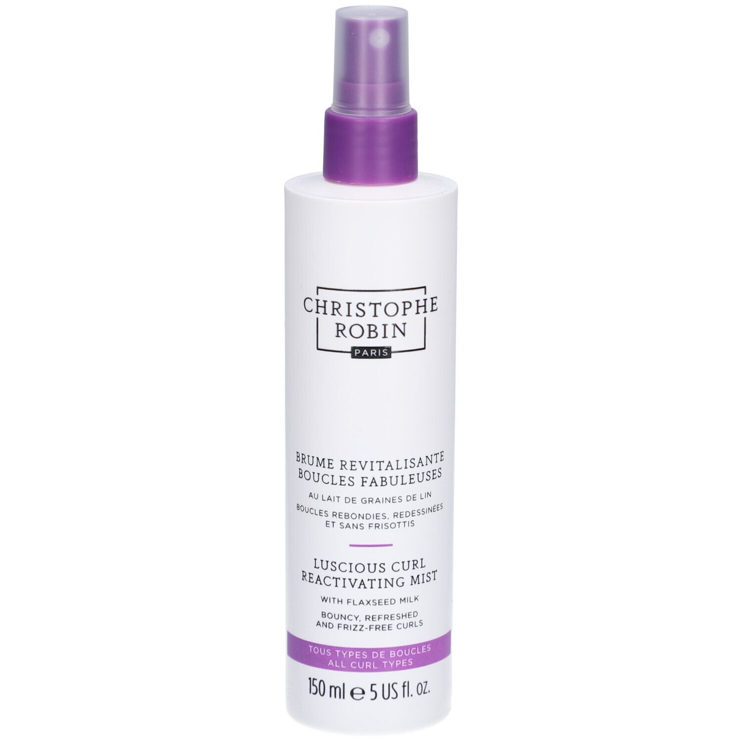 Weiße Flasche mit lila Sprühkopf. Text: Christophe Robin, Brume Revitalisante Boucles Fabuleuses, Luscious Curl Reactivating Mist. 150 ml.