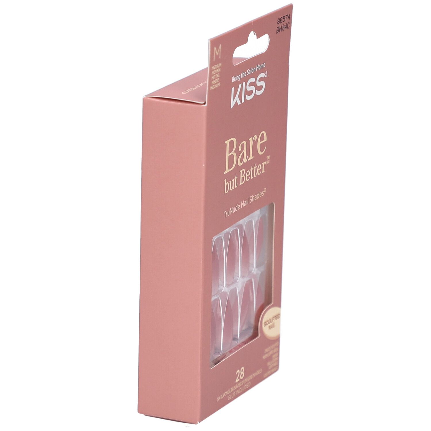 KISS Bare but Better Verpackung. Rosa Box mit Produktnamen und 28 Sculpted Nails. Ansicht von der Seite.