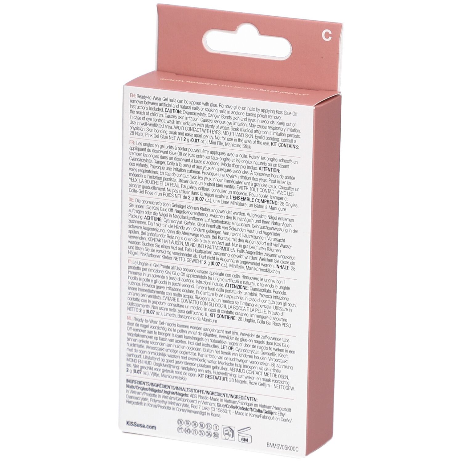 Rückseite der KISS Bare but Better Verpackung. Rosa Box mit Text in mehreren Sprachen. Warnhinweise und Inhaltsstoffe.