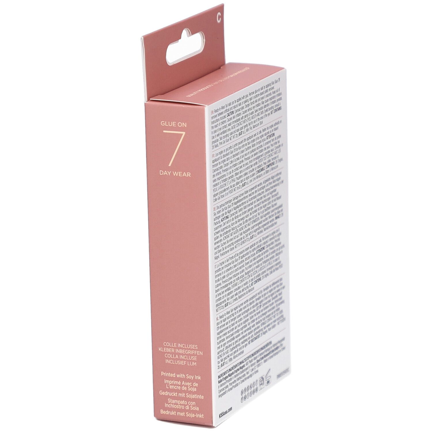 Seite der KISS Bare but Better Verpackung. Rosa Box mit Text. 'Glue on 7 Day Wear' und Inhaltsstoffe.