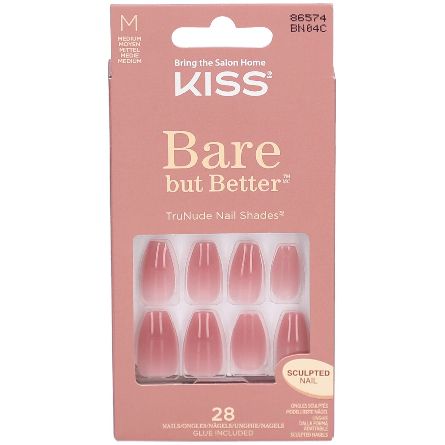 KISS Bare but Better Nägel. Rosa Verpackung mit 28 Sculpted Nails. Kunstnägel mit Farbverlauf.