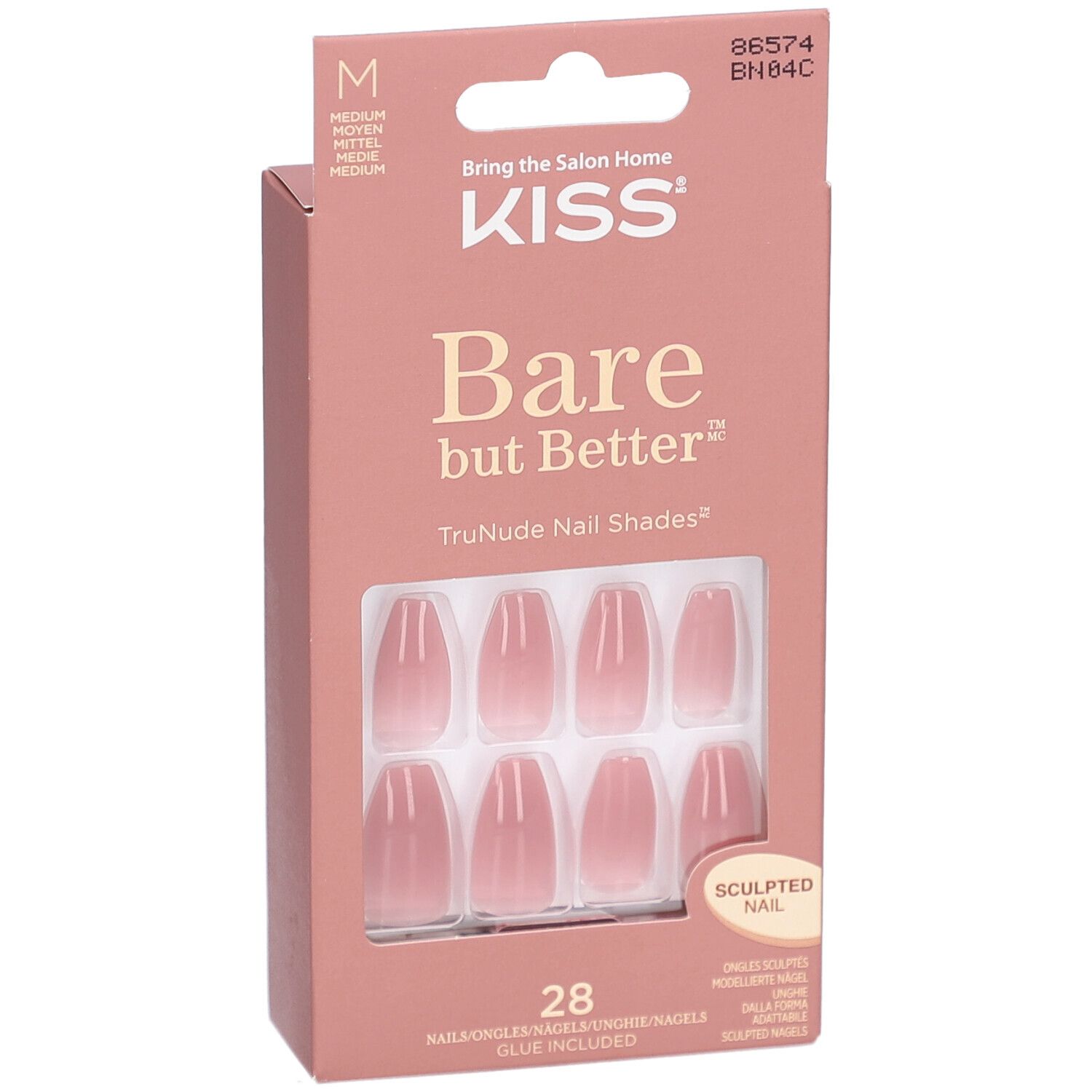 KISS Bare but Better Nägel. Rosa Verpackung mit 28 Sculpted Nails. Kunstnägel mit Farbverlauf.