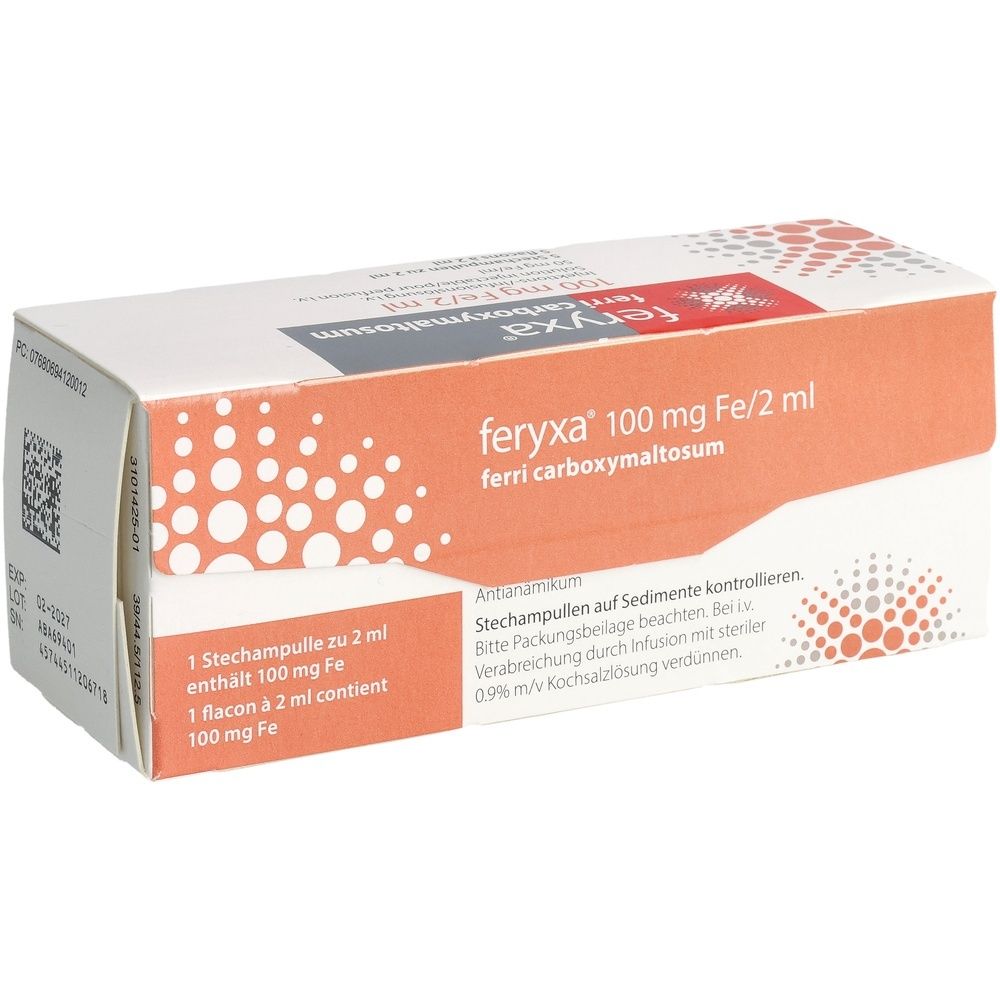 Karton mit Produktinformationen. Aufschrift: feryxa 100 mg Fe/2 ml, ferri carboxymaltosum. Enthält 1 Stechampulle zu 2 ml mit 100 mg Fe.