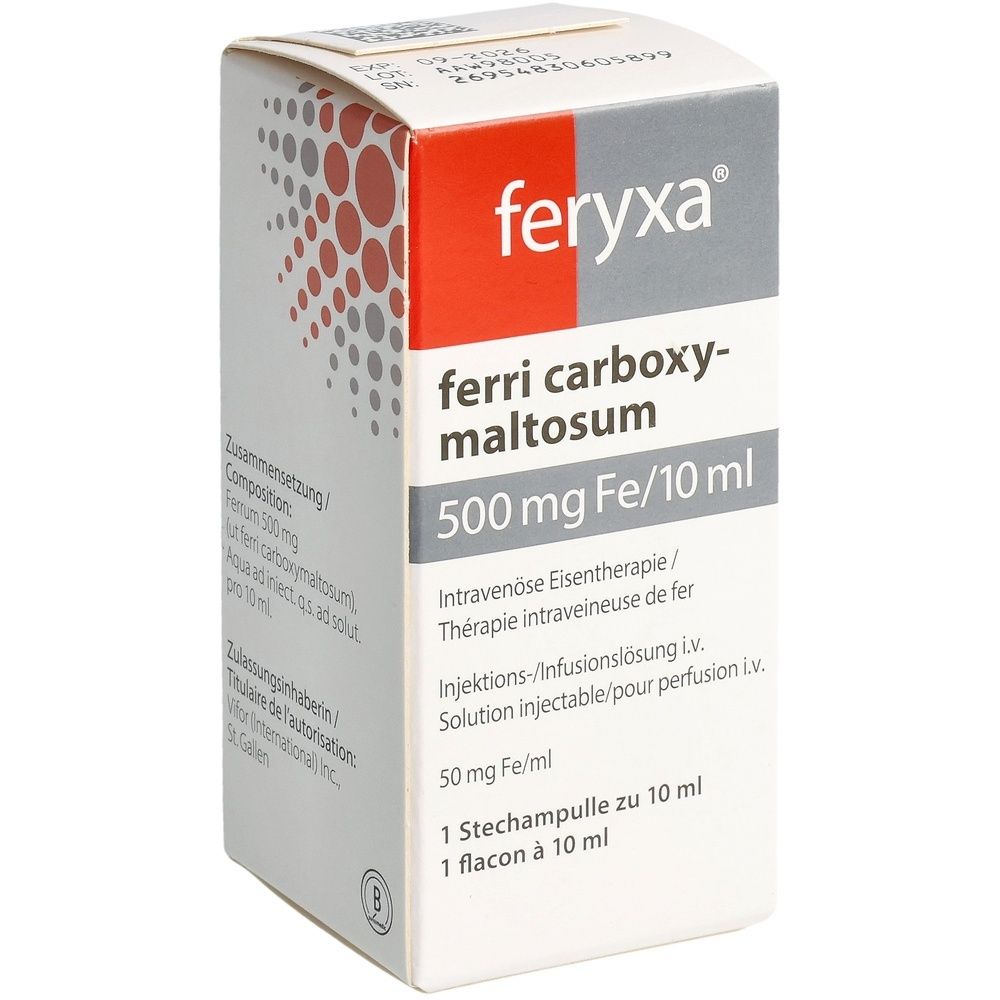 Boîte avec informations produit. Inscription: feryxa, ferri carboxymaltosum, 500 mg Fe/10 ml. Contient une ampoule.