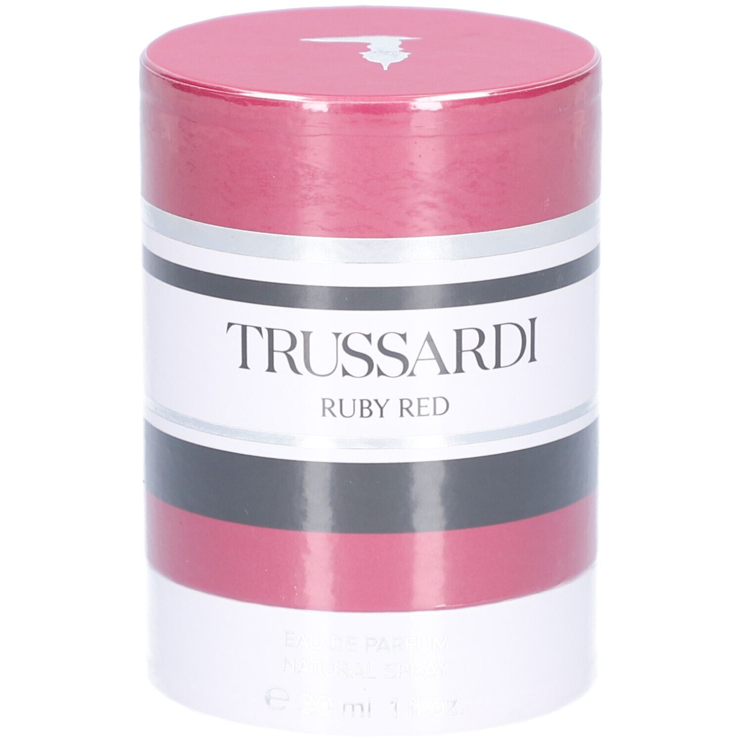 Zylindrische Verpackung. Rot, Weiß, Schwarz und Silber. Aufschrift: TRUSSARDI RUBY RED. Deckel mit Logo.