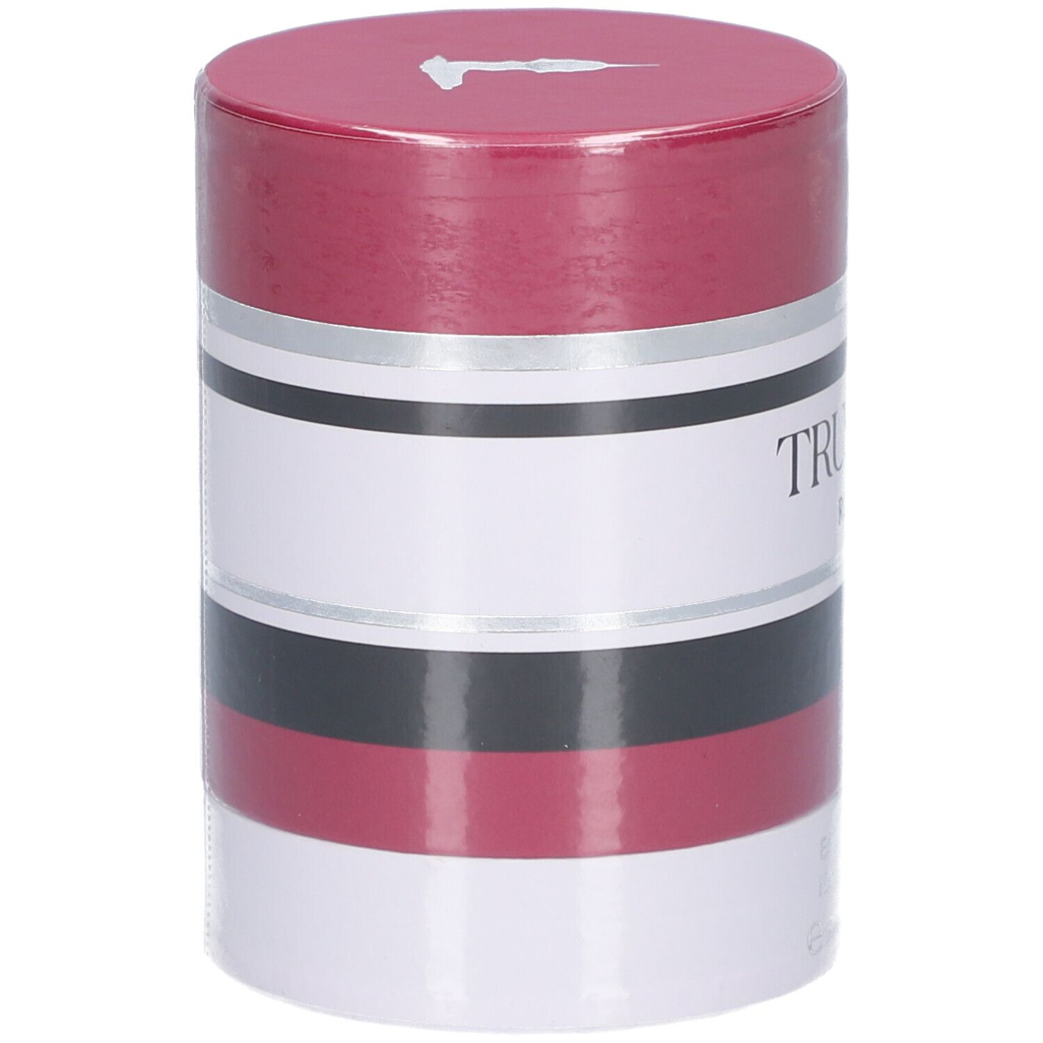 Zylindrische Verpackung. Rot, Weiß, Schwarz und Silber. Aufschrift: TRUSSARDI RUBY RED. Deckel mit Logo.