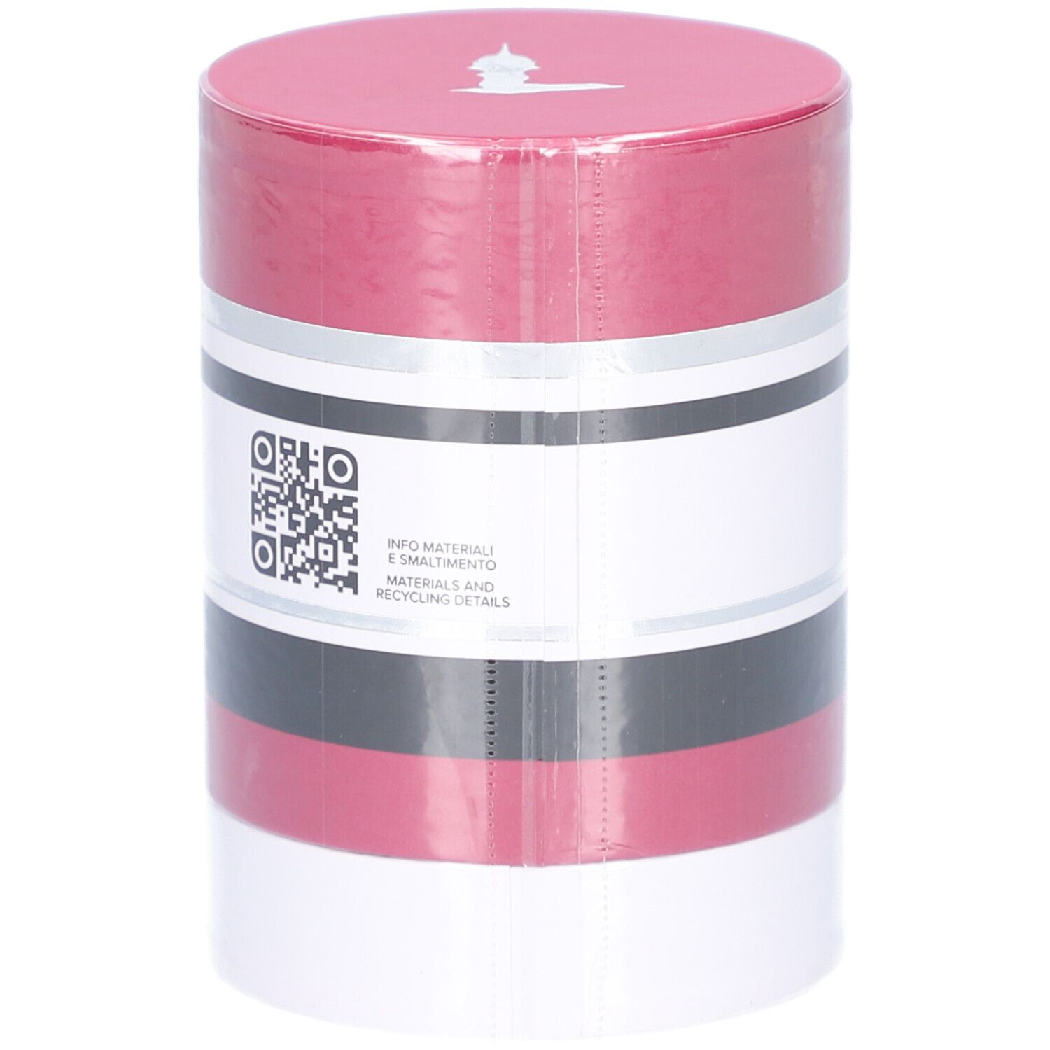 Zylindrische Verpackung. Rot, Weiß, Schwarz und Silber. Aufschrift: TRUSSARDI RUBY RED. QR-Code und Text.