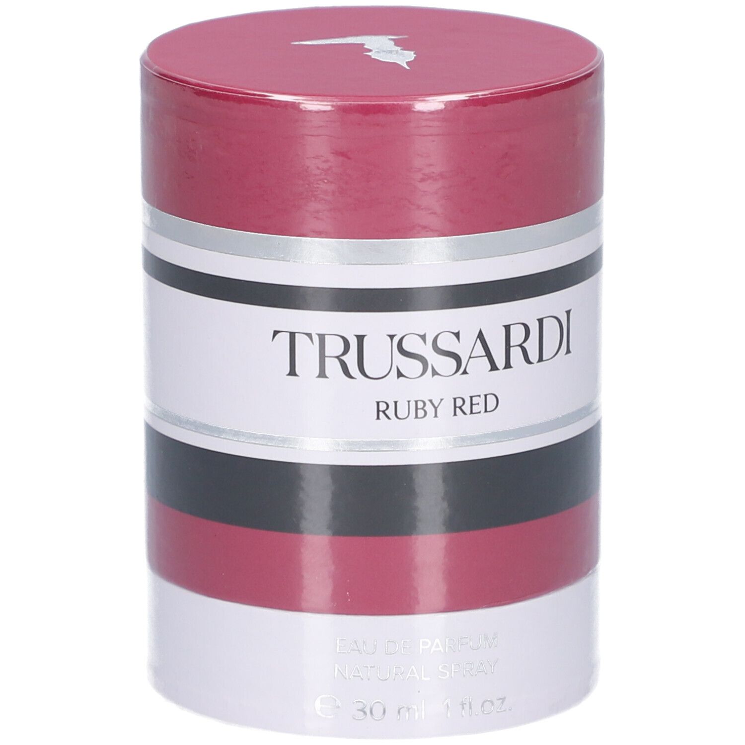 Zylindrische Verpackung. Rot, Weiß, Schwarz und Silber. Aufschrift: TRUSSARDI RUBY RED. 30 ml.