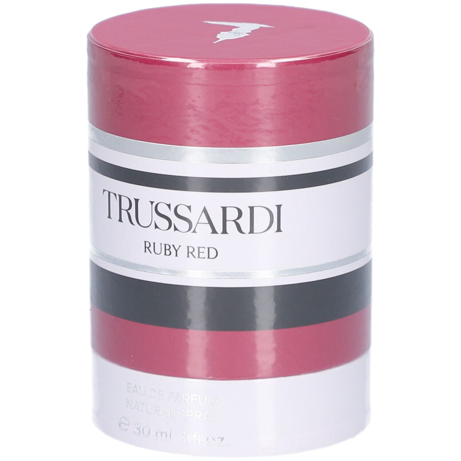 Zylindrische Verpackung. Rot, Weiß, Schwarz und Silber. Aufschrift: TRUSSARDI RUBY RED. 30 ml.