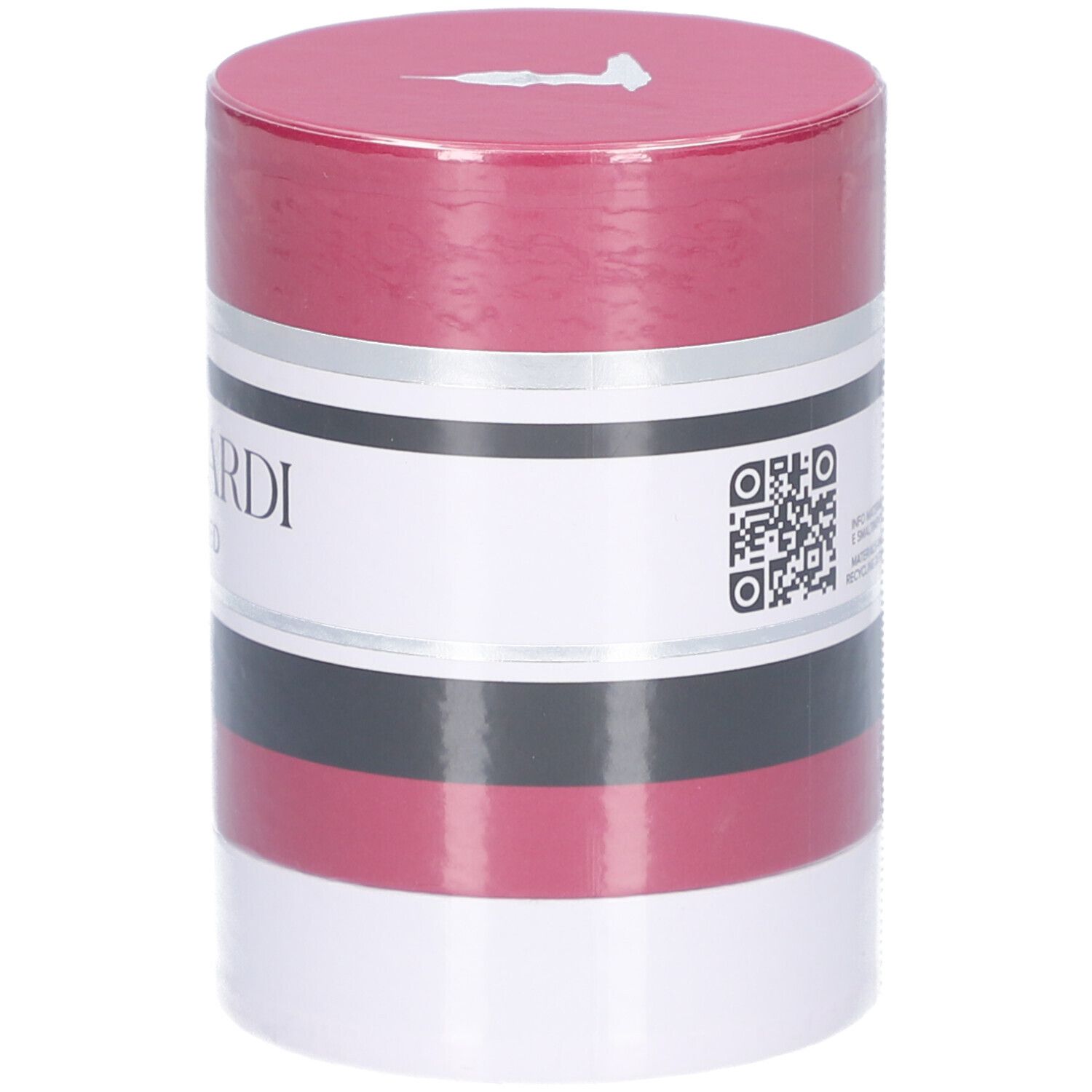 Zylindrische Verpackung. Rot, Weiß, Schwarz und Silber. Aufschrift: TRUSSARDI RUBY RED. QR-Code und Text.