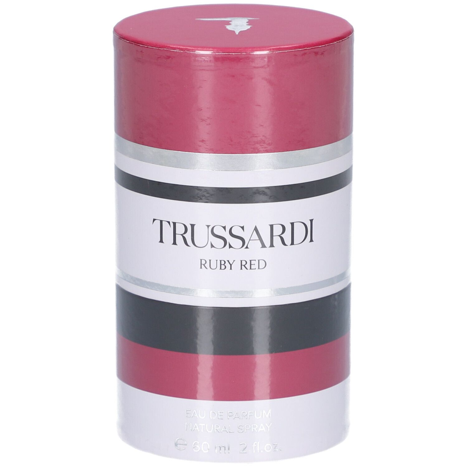 Zylindrische Verpackung, rot, schwarz, weiß. Aufschrift: Trussardi Ruby Red.