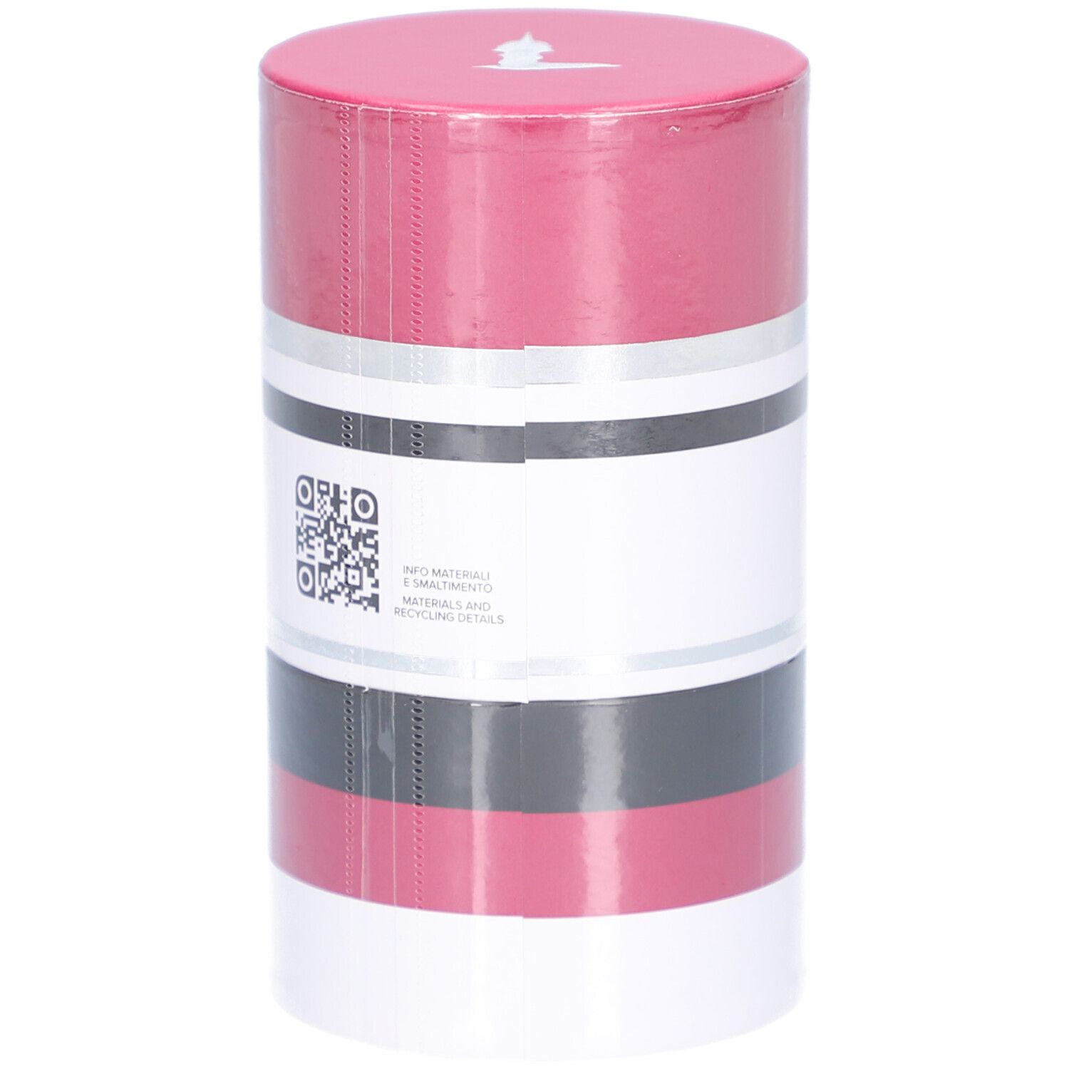 Zylindrische Verpackung, rot, schwarz, weiß. Aufschrift: Trussardi Ruby Red. QR-Code.