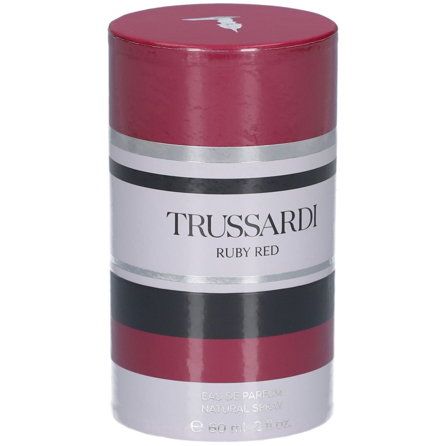 Emballage cylindrique Trussardi Ruby Red. Rouge, noir, blanc et argent. Marque et nom du produit clairement visibles.