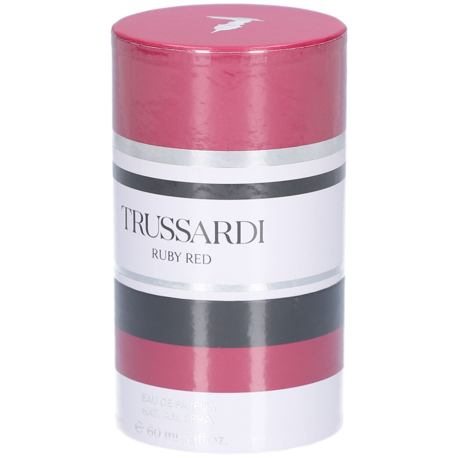 Emballage cylindrique Trussardi Ruby Red. Rouge, noir, blanc et argent. Marque et nom du produit clairement visibles.