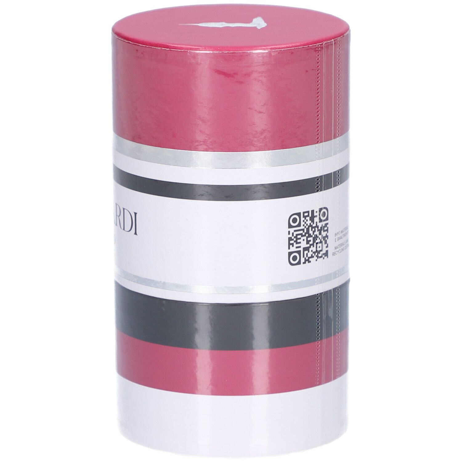 Zylindrische Verpackung, rot, schwarz, weiß. Aufschrift: Trussardi Ruby Red. QR-Code.
