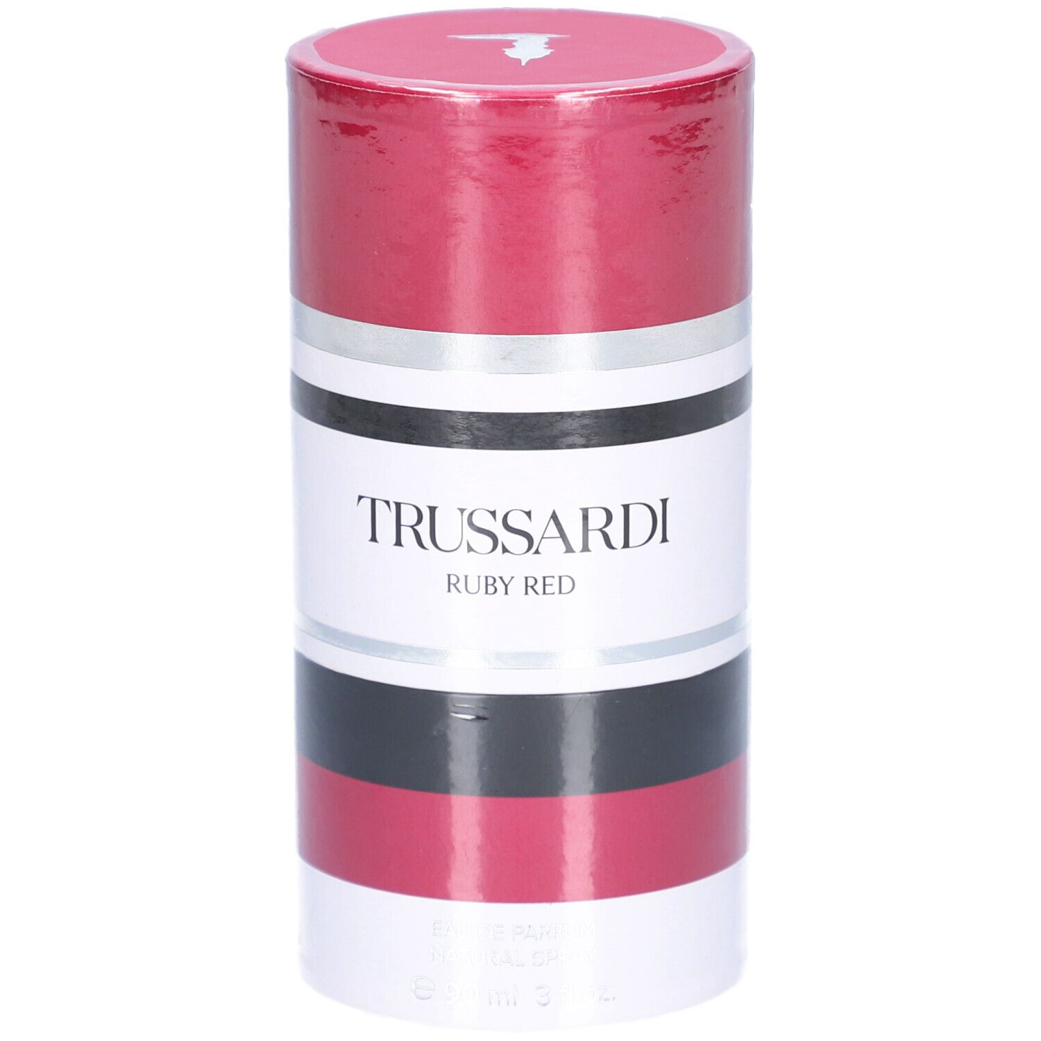 Emballage cylindrique. Rouge, blanc, noir et argent. Texte : TRUSSARDI RUBY RED.