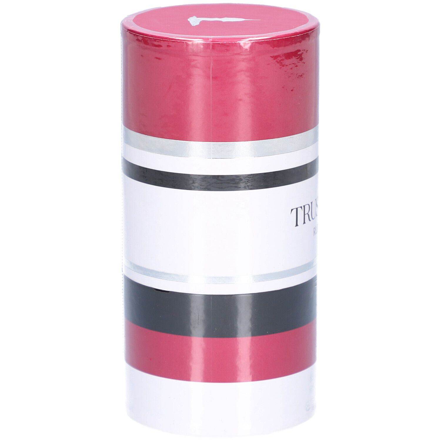Emballage cylindrique. Rouge, blanc, noir et argent. Texte : TRUSSARDI RUBY RED.