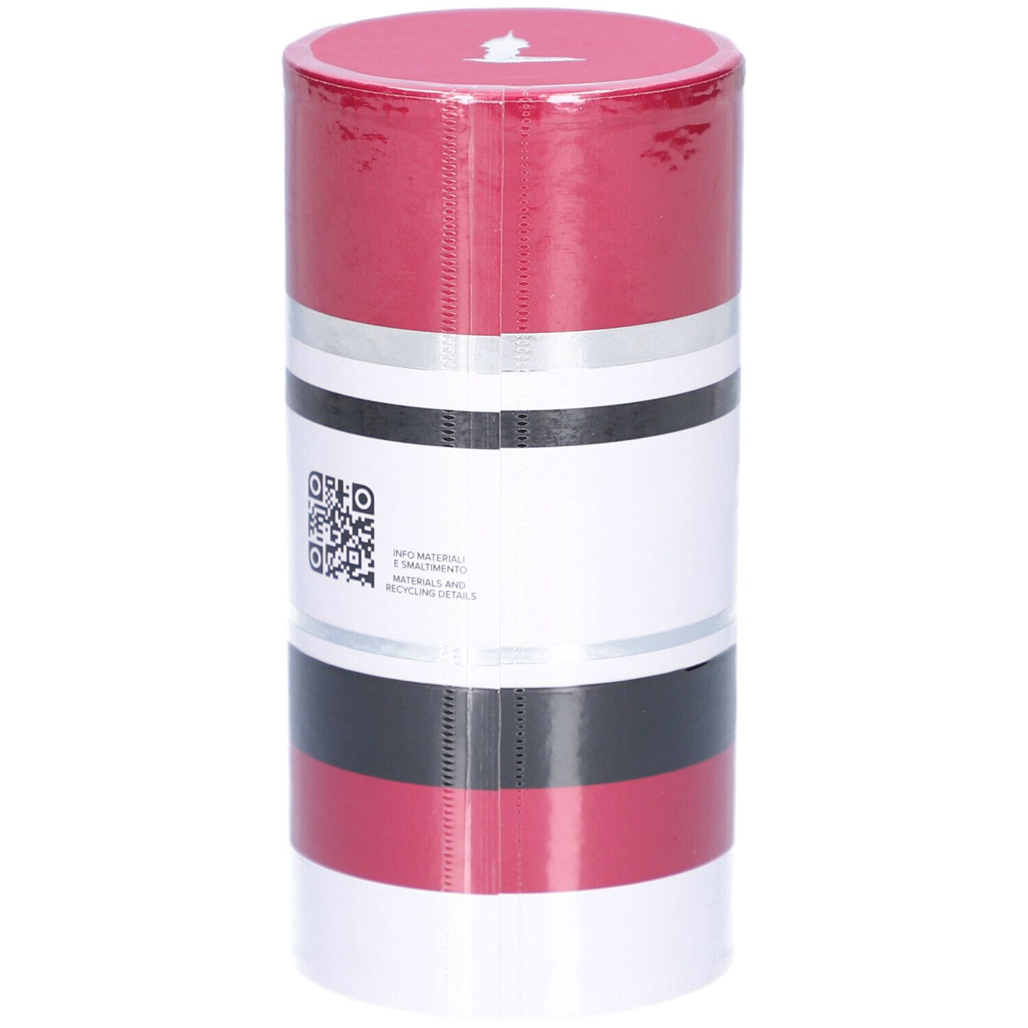 Emballage cylindrique. Rouge, blanc, noir et argent. Texte : TRUSSARDI RUBY RED.