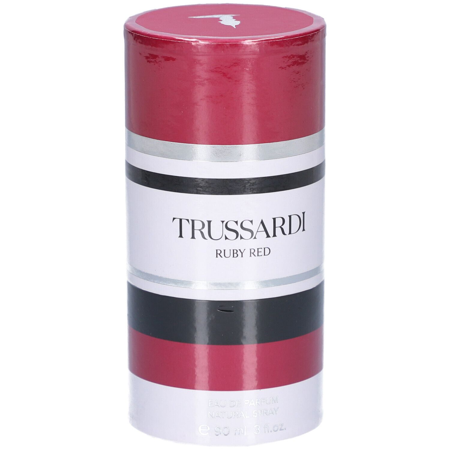 Emballage cylindrique. Rouge, blanc, noir et argent. Texte : TRUSSARDI RUBY RED.