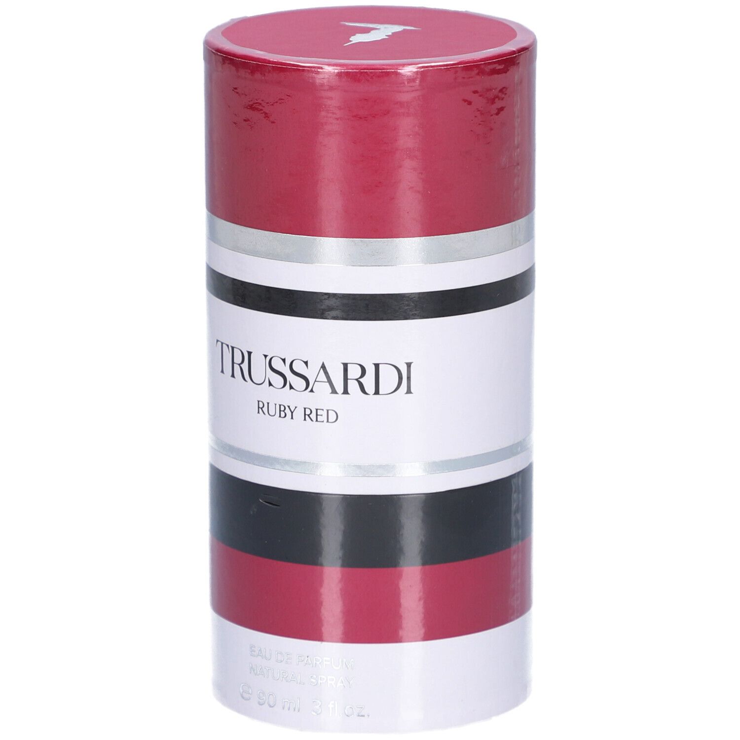 Emballage cylindrique. Rouge, blanc, noir et argent. Texte : TRUSSARDI RUBY RED.