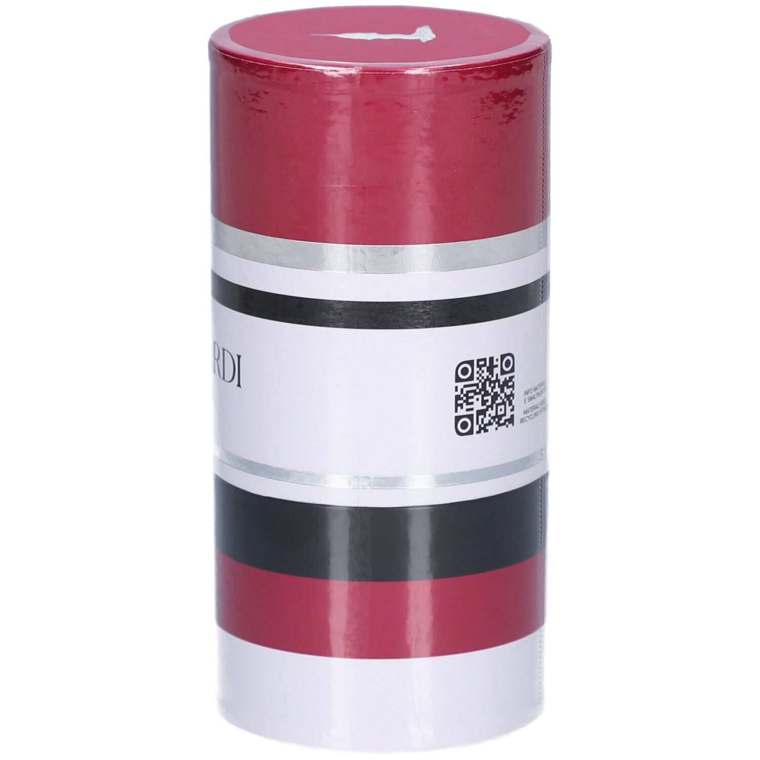 Emballage cylindrique. Rouge, blanc, noir et argent. Texte : TRUSSARDI RUBY RED.