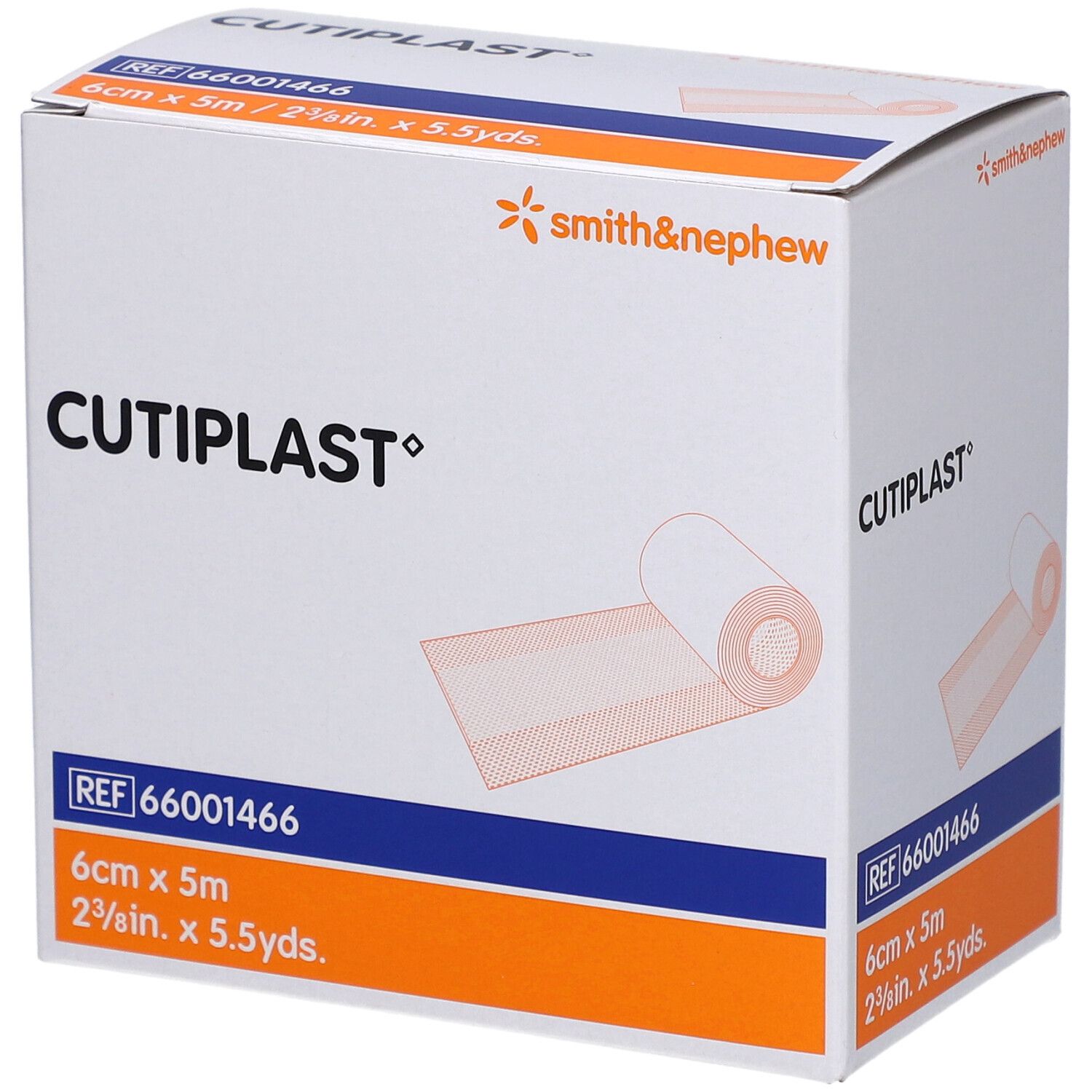 Verpackung von CUTIPLAST Wundpflaster. Weißes Pflaster, 6 cm x 5 m. Smith & Nephew Logo.