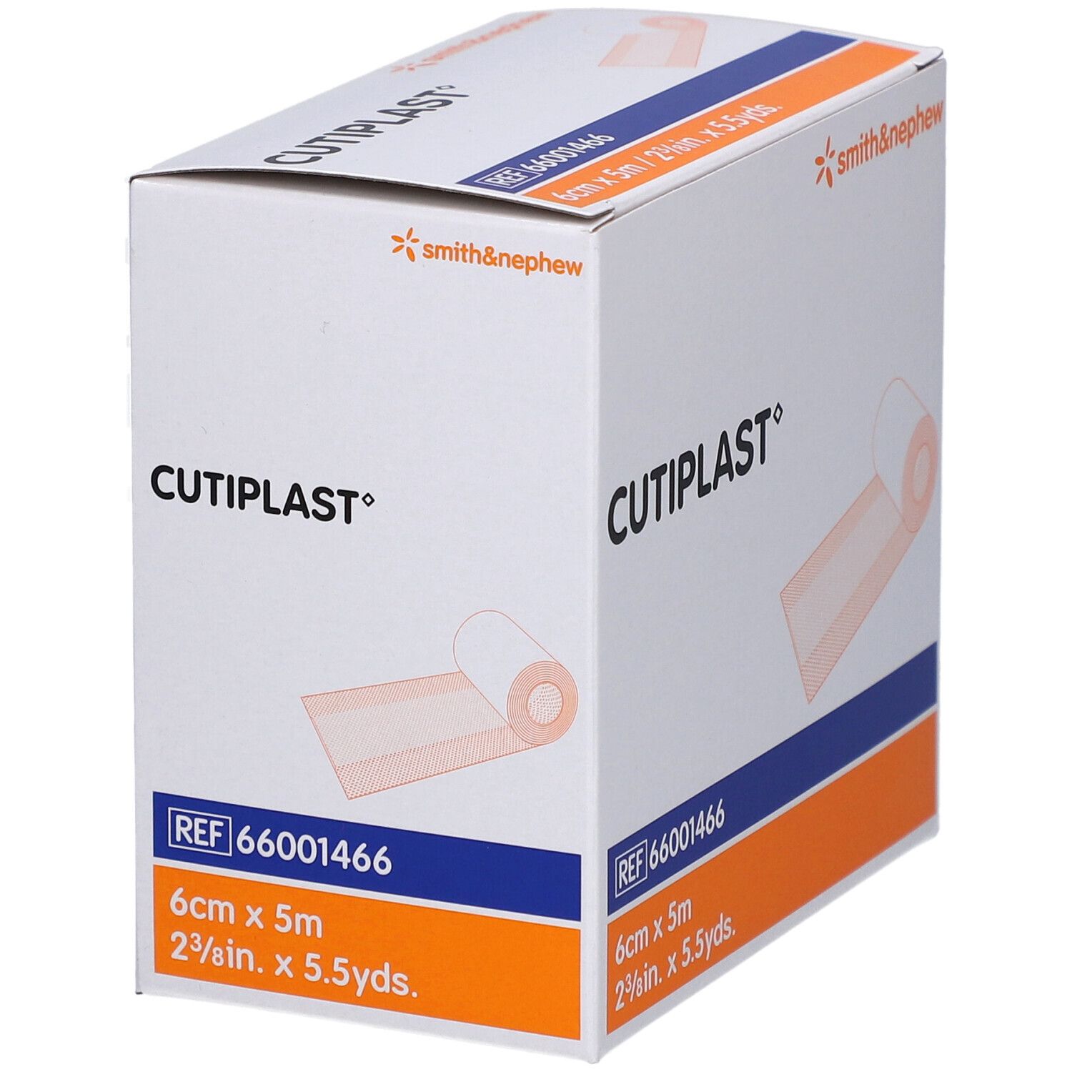 CUTIPLAST Wundpflaster-Verpackung. Weißes Pflaster, 6 cm x 5 m. Smith & Nephew Logo.