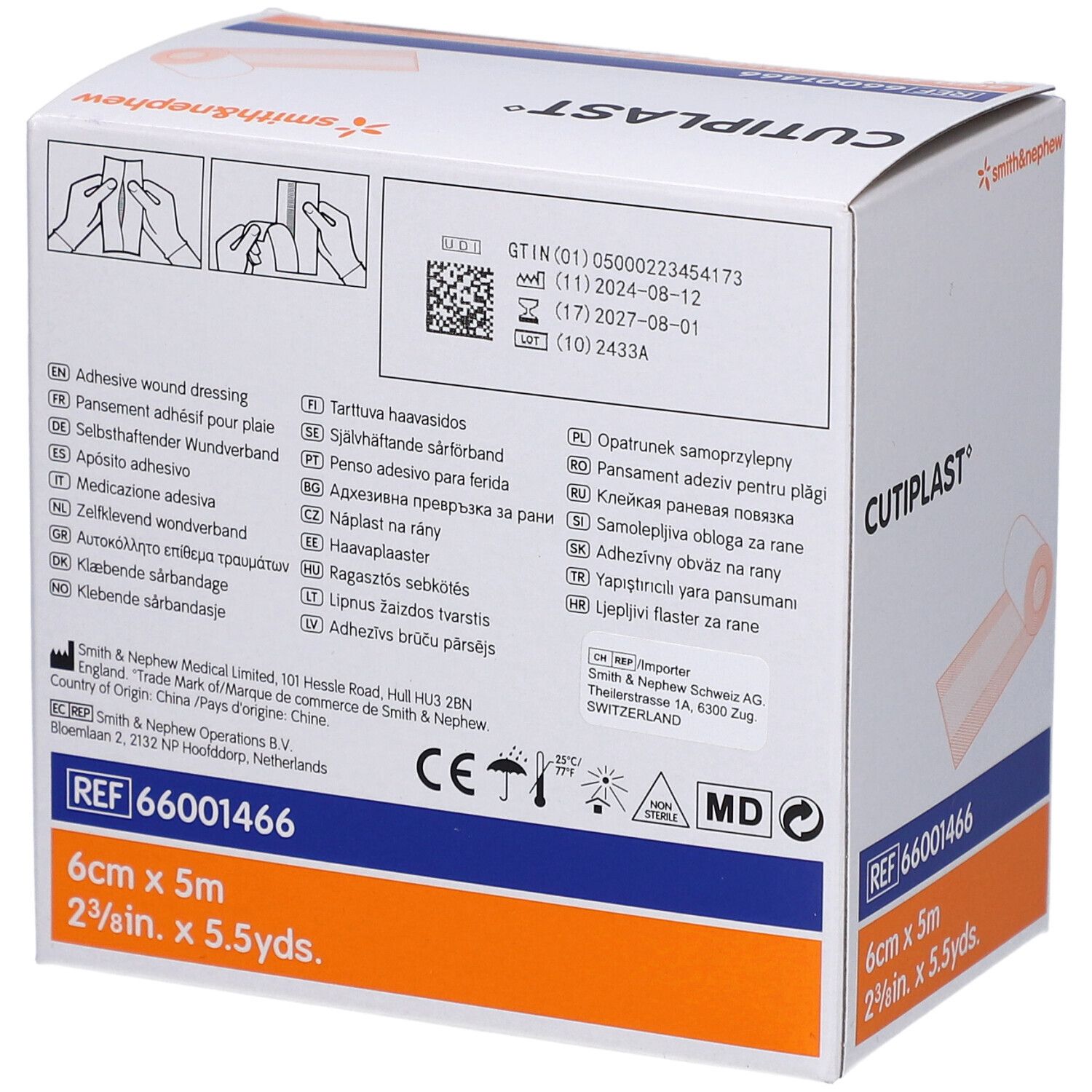 Rückseite der CUTIPLAST Wundpflaster-Verpackung. Produktinformationen, Logos, Größenangabe 6 cm x 5 m.