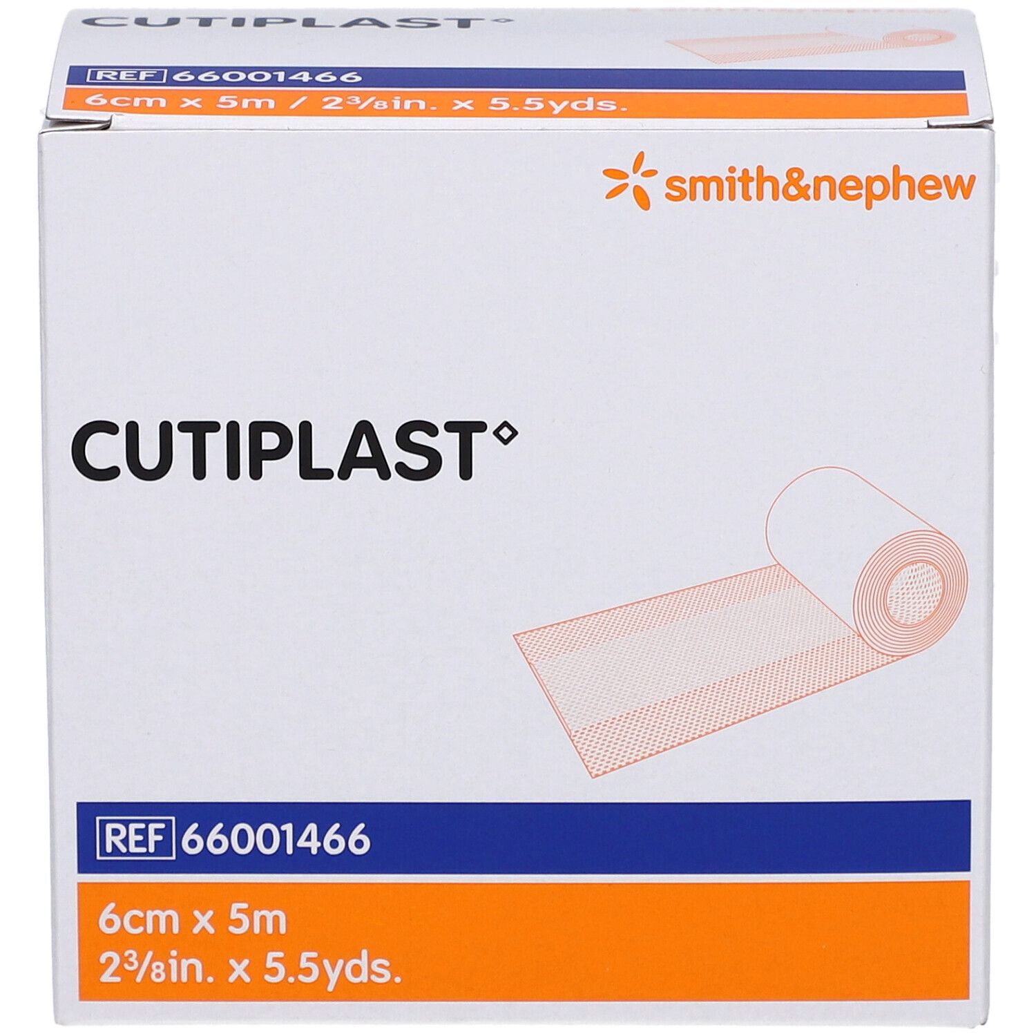CUTIPLAST Wundpflaster-Verpackung. Weißes Pflaster, 6 cm x 5 m. Smith & Nephew Logo.