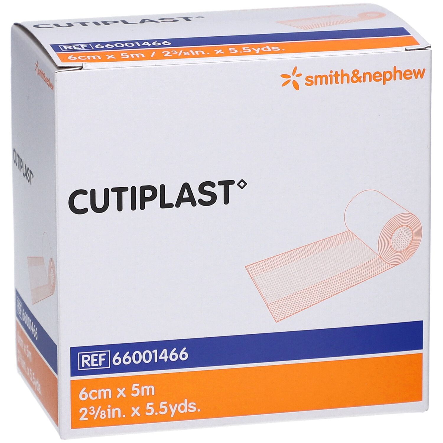CUTIPLAST Wundpflaster-Verpackung. Weißes Pflaster, 6 cm x 5 m. Smith & Nephew Logo.