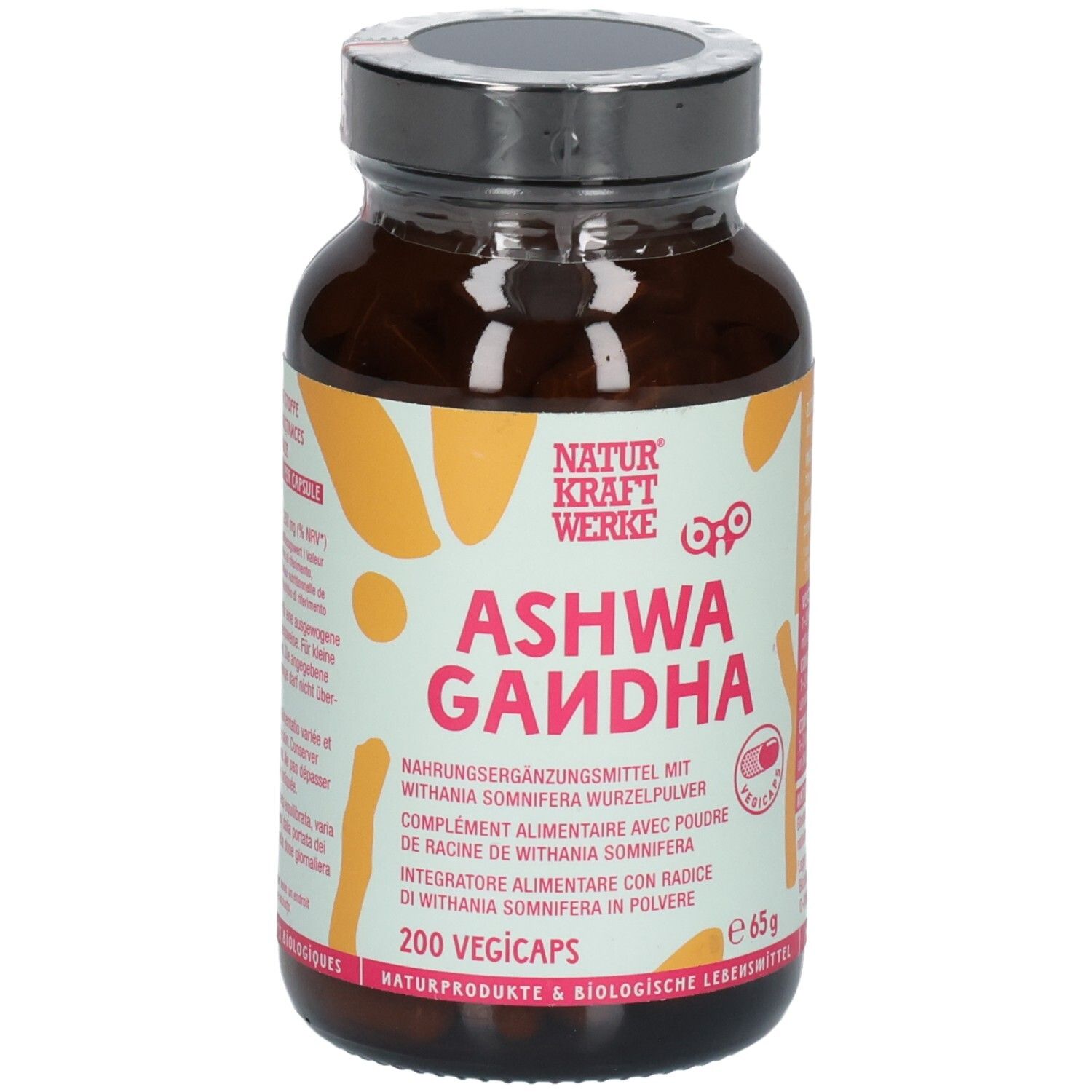 NaturKraftWerke Ashwagandha Vegicaps: Braunglasflasche mit Etikett, 200 Stück, 65g.
