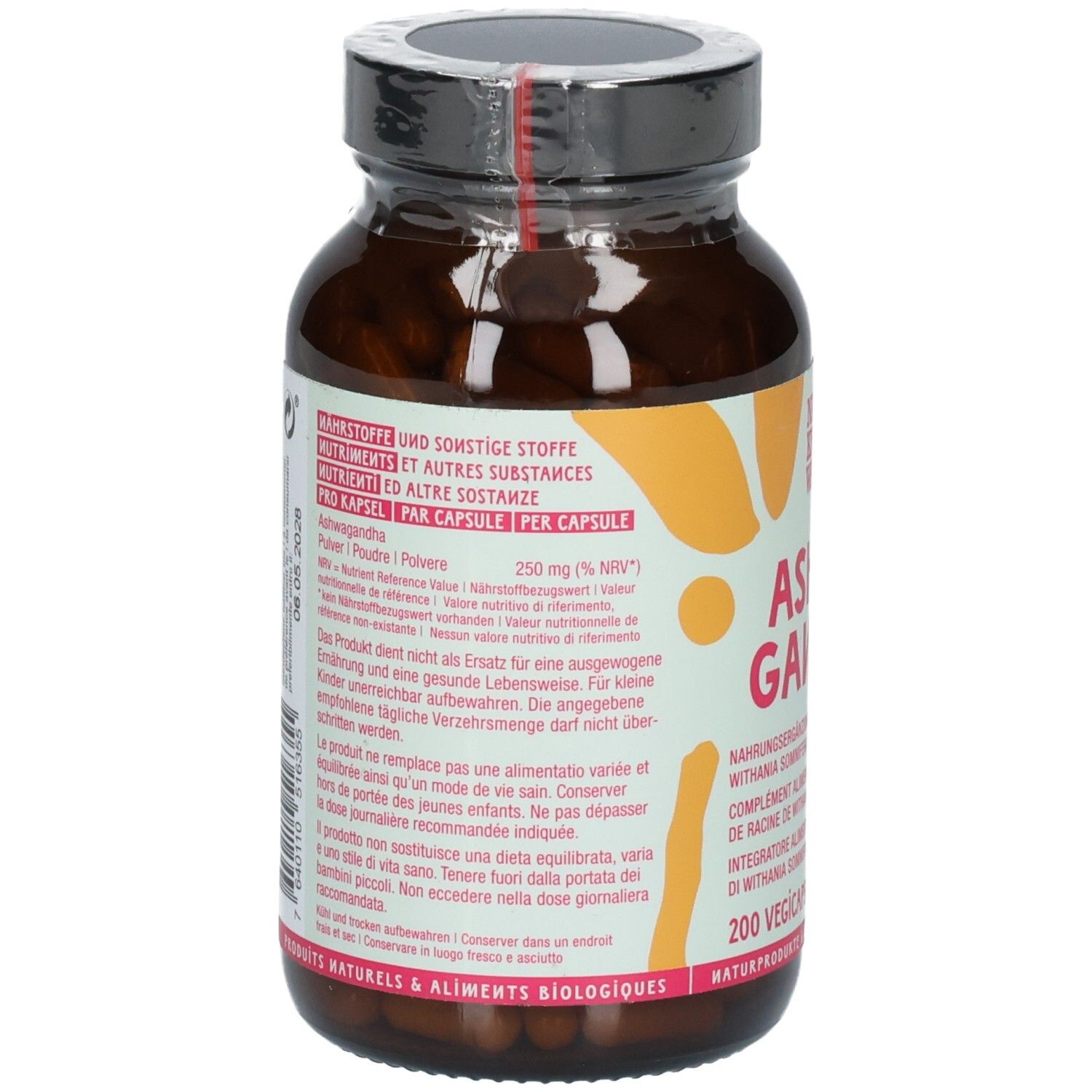Rückseite der NaturKraftWerke Ashwagandha Flasche mit Nährwertangaben und Inhaltsstoffen.