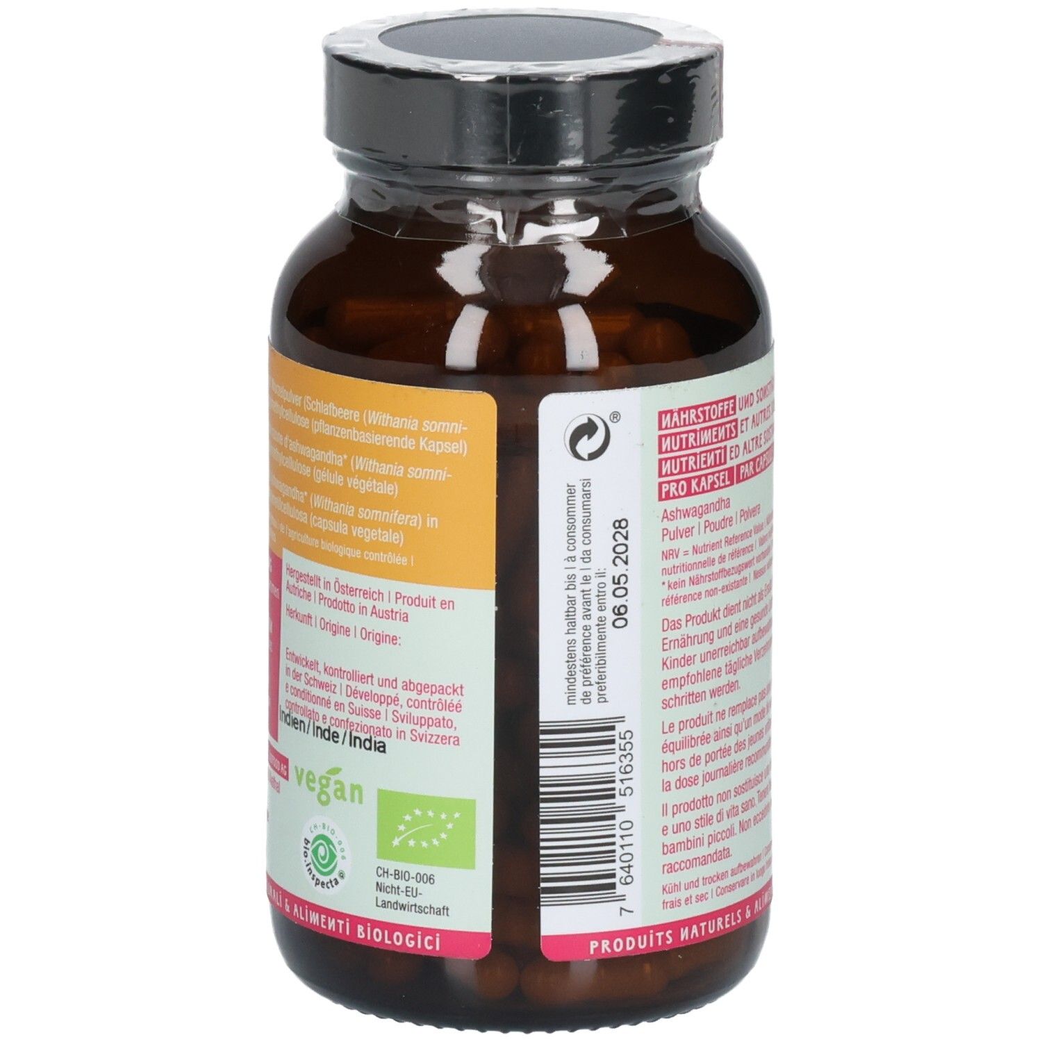 Seitenansicht der NaturKraftWerke Ashwagandha Flasche mit Bio- und Vegan-Siegel.