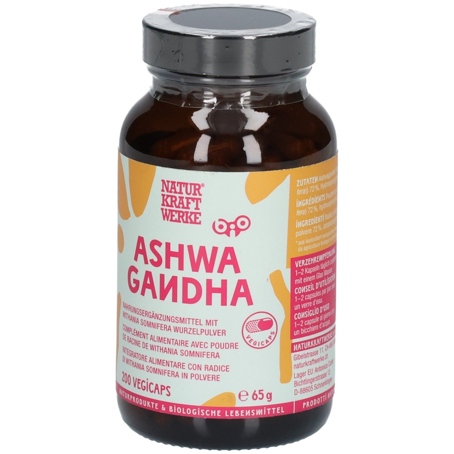 NaturKraftWerke Ashwagandha Vegicaps: Braunglasflasche mit Etikett, 200 Stück, 65g.