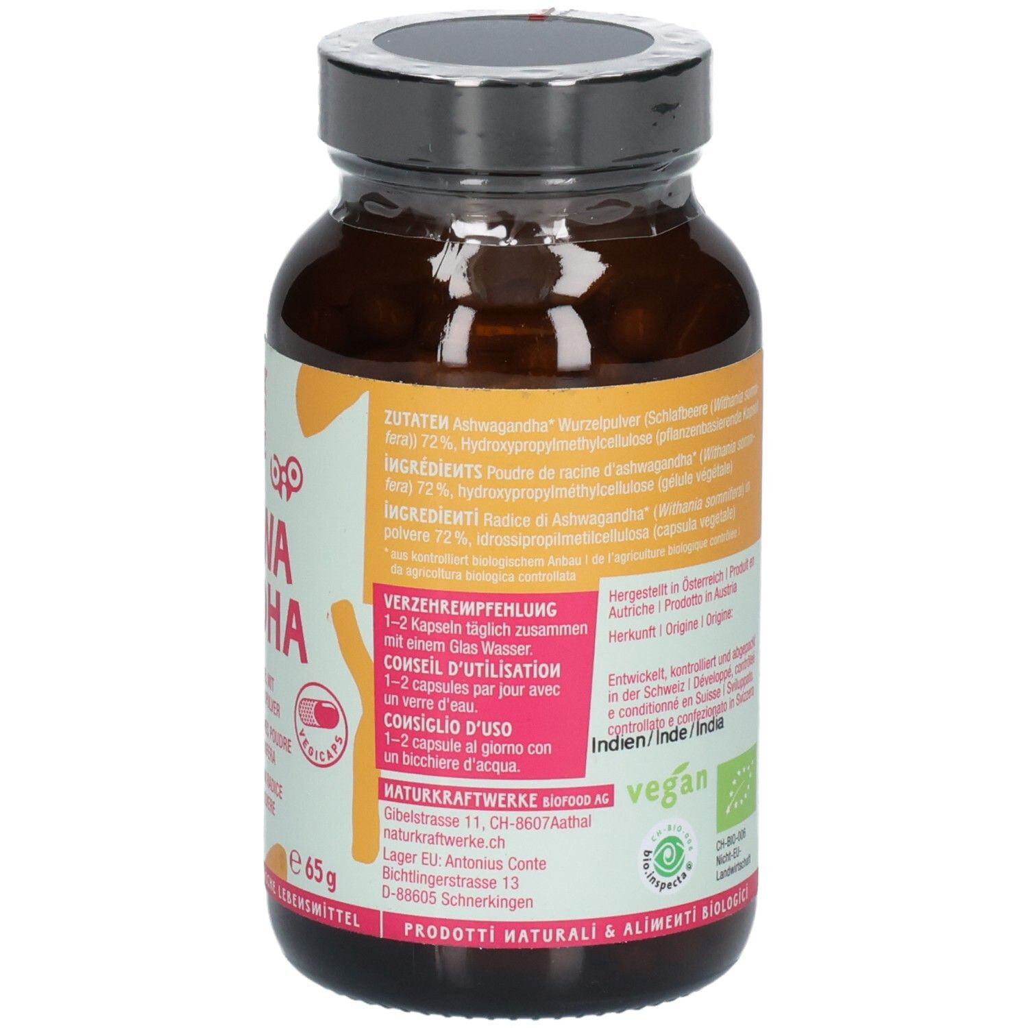 Rückseite der NaturKraftWerke Ashwagandha Flasche mit Verzehrempfehlung und Herkunftsangaben.