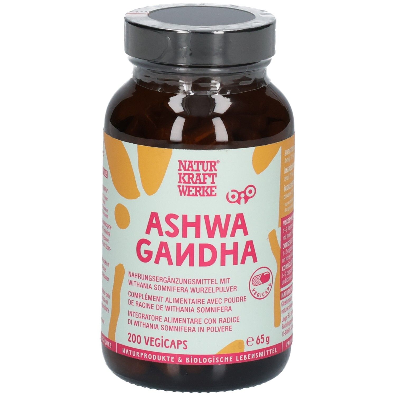 NaturKraftWerke Ashwagandha Vegicaps: Braunglasflasche mit Etikett, 200 Stück, 65g.