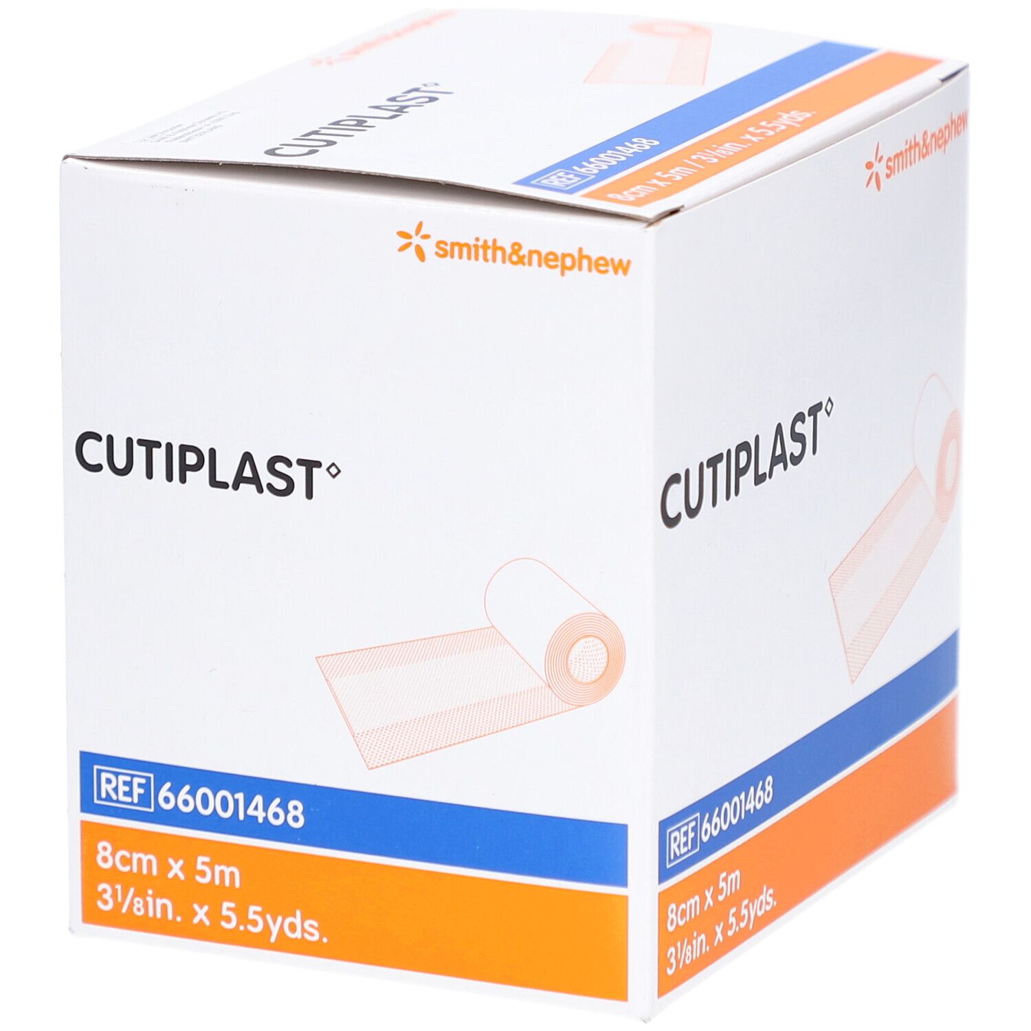 Verpackung von CUTIPLAST Wundpflaster. Weißer Verband, 8 cm x 5 m. Marke Smith & Nephew. Produkt-Nr. 66001468.