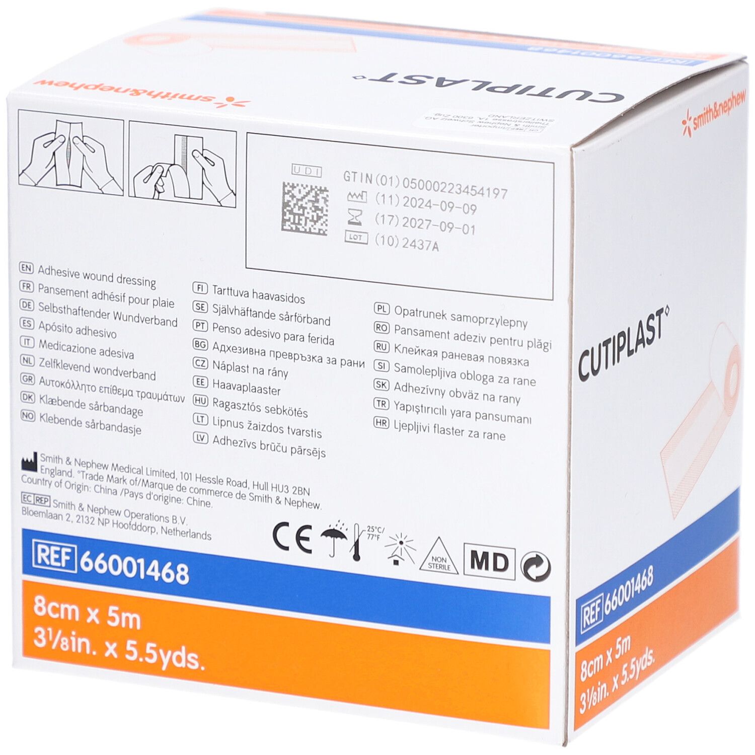 Rückseite der CUTIPLAST-Verpackung. Produktinformationen und CE-Kennzeichnung. Größe: 8 cm x 5 m. Marke Smith & Nephew.