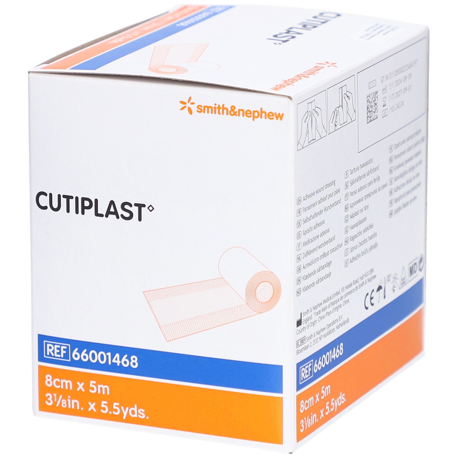 Verpackung von CUTIPLAST Wundpflaster. Weißer Verband, 8 cm x 5 m. Marke Smith & Nephew. Produkt-Nr. 66001468.