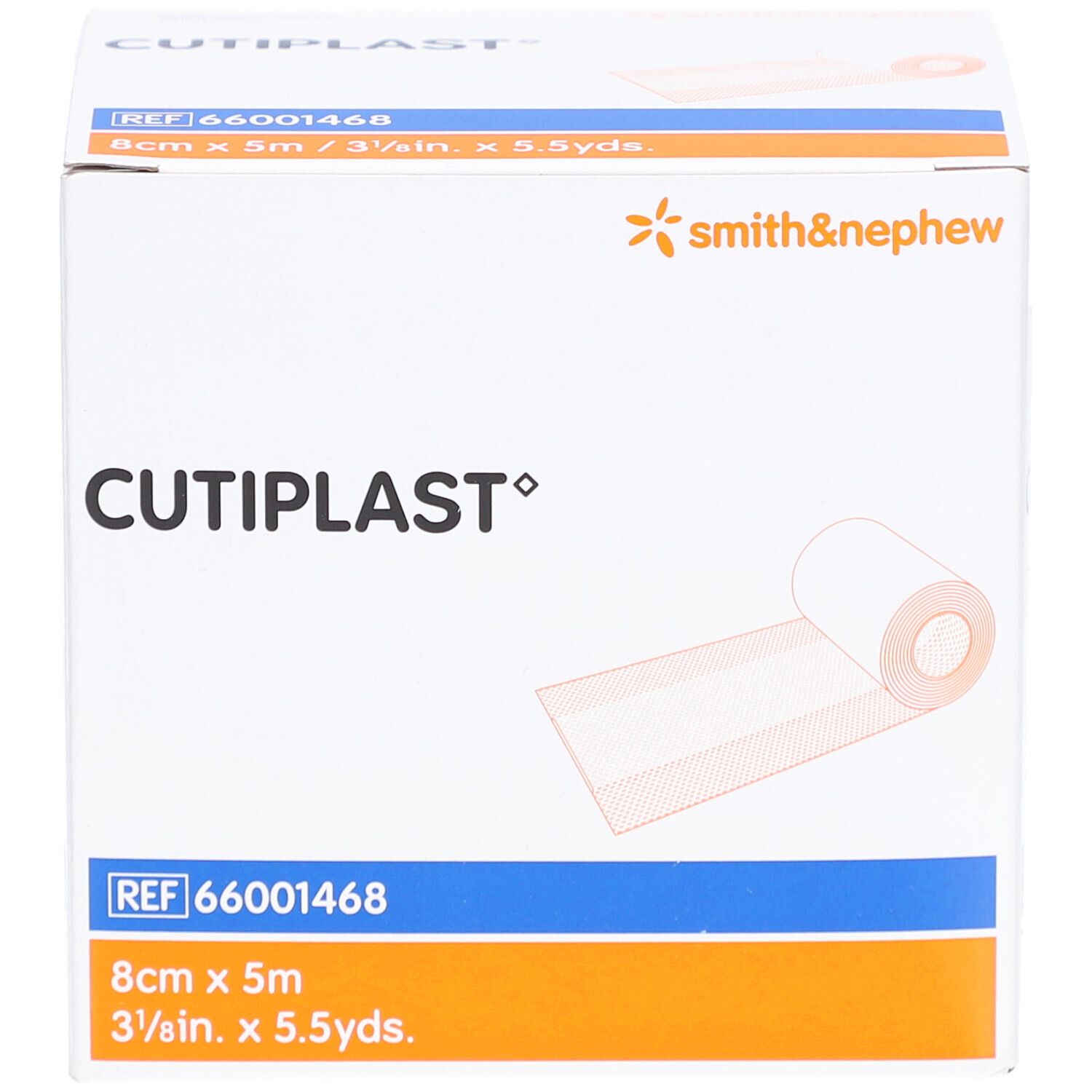 Verpackung von CUTIPLAST Wundpflaster. Weißer Verband, 8 cm x 5 m. Marke Smith & Nephew. Produkt-Nr. 66001468.