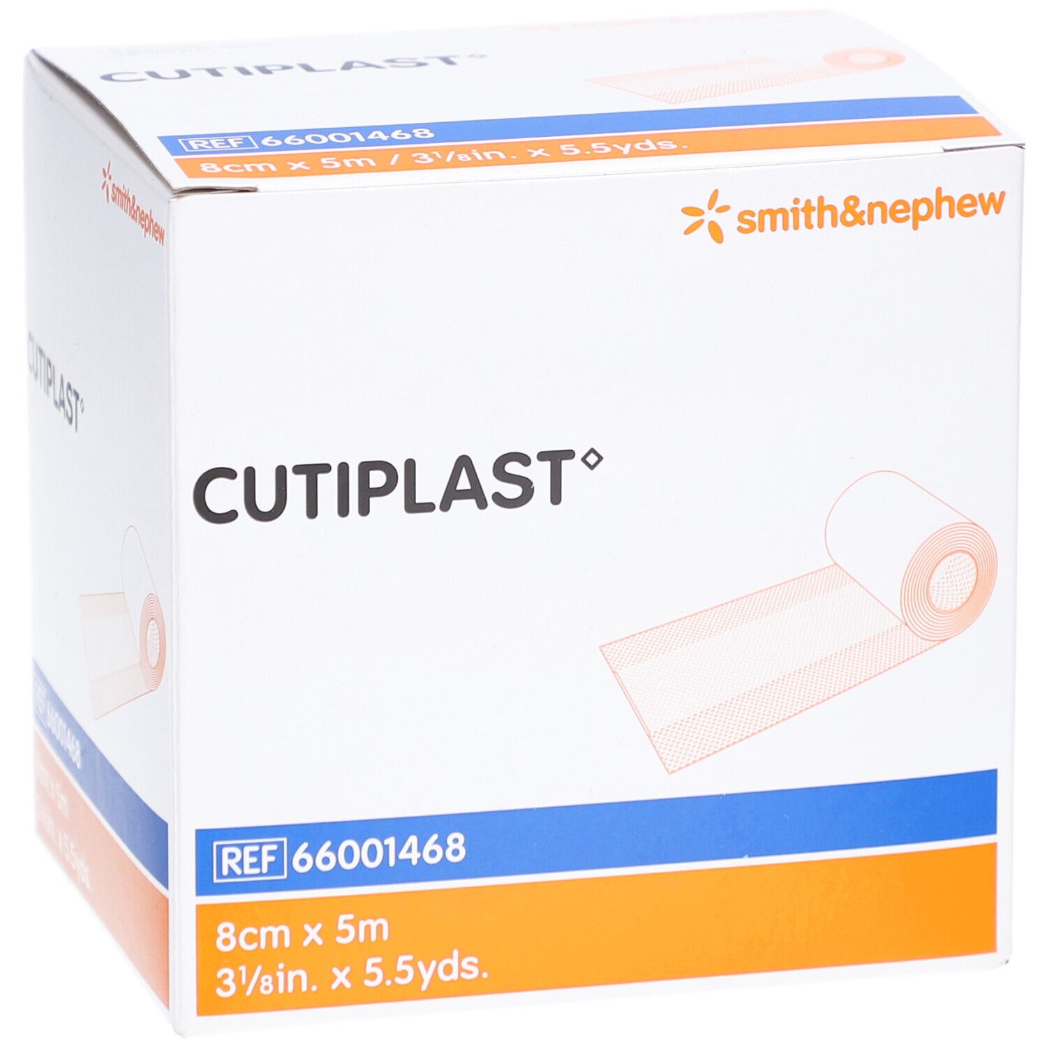 Verpackung von CUTIPLAST Wundpflaster. Weißer Verband, 8 cm x 5 m. Marke Smith & Nephew. Produkt-Nr. 66001468.