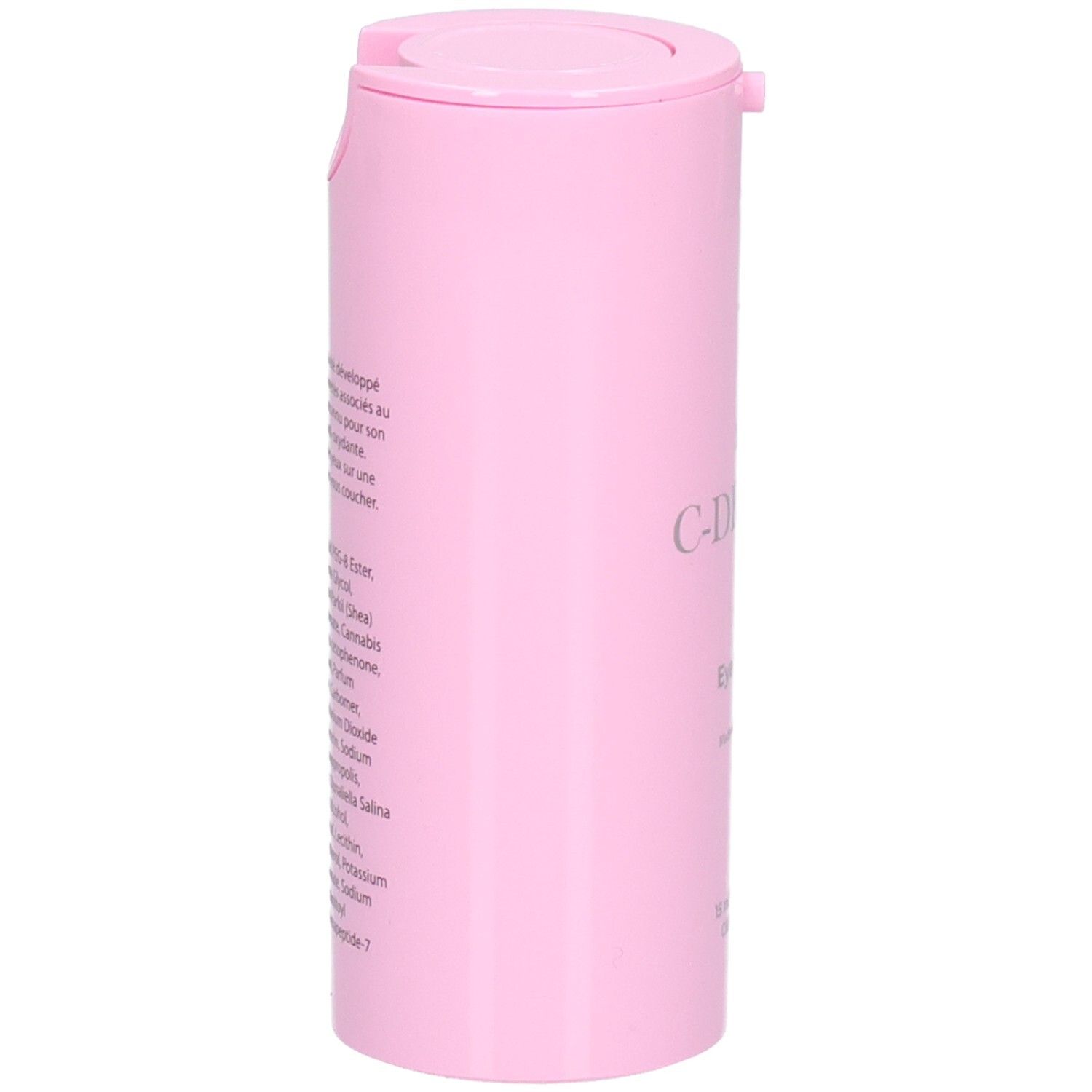 C-DERMA Eye Serum Spender, rosa, mit Inhaltsstoffliste.