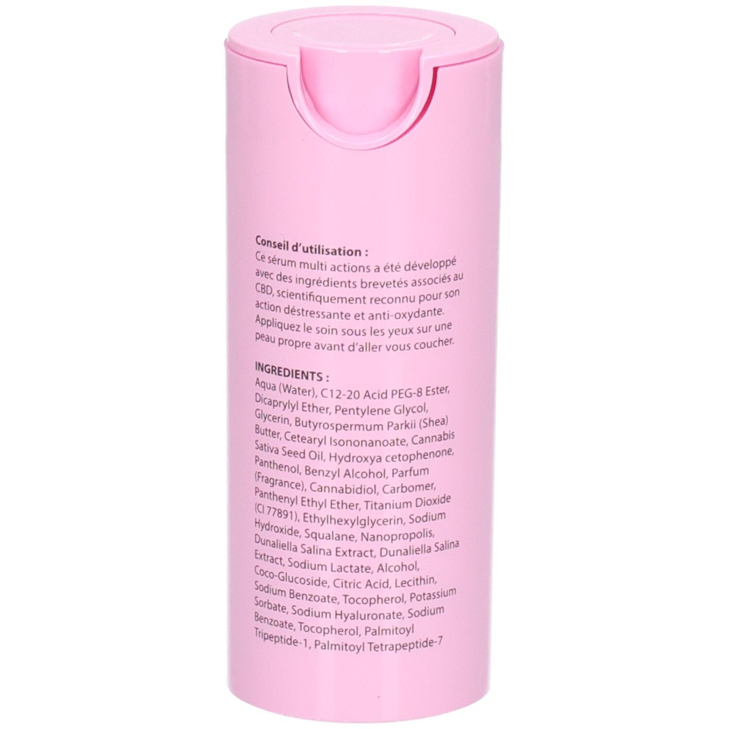 C-DERMA Eye Serum Spender, rosa, mit Anwendungshinweisen und Inhaltsstoffen.