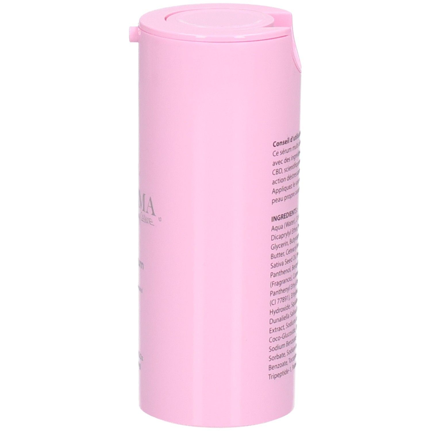 C-DERMA Eye Serum Spender, rosa, Seitenansicht mit Inhaltsstoffliste.