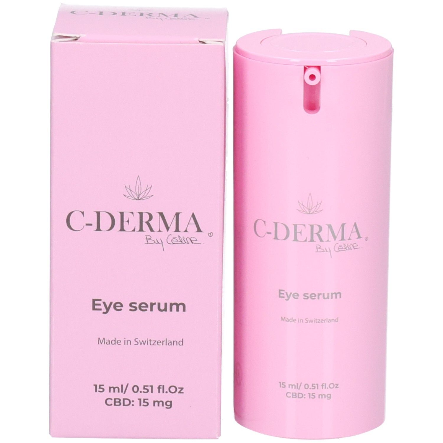 C-DERMA Eye Serum Spender und Verpackung, rosa, 15 ml.