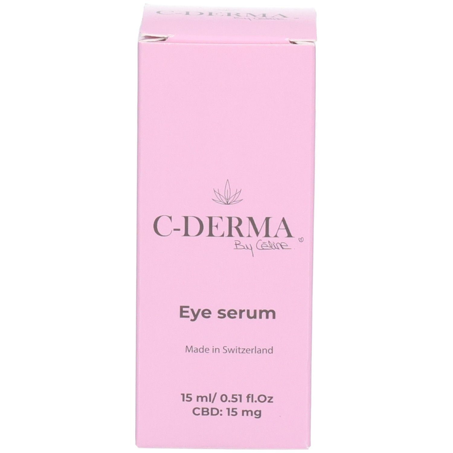 Verpackung C-DERMA Eye Serum, rosa, 15 ml, Made in Switzerland.