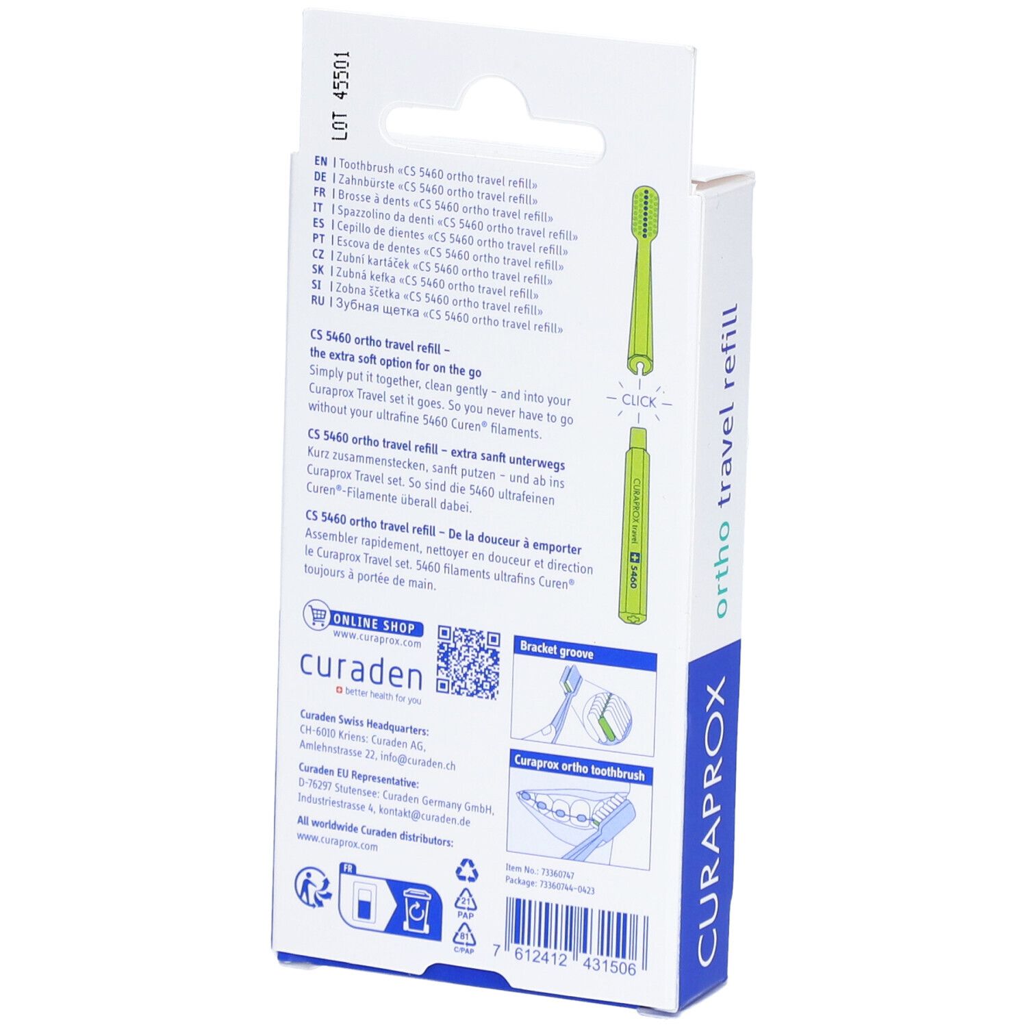 Rückseite der Verpackung. Text und Illustrationen. "CURAPROX" und "ortho travel refill" sind sichtbar.