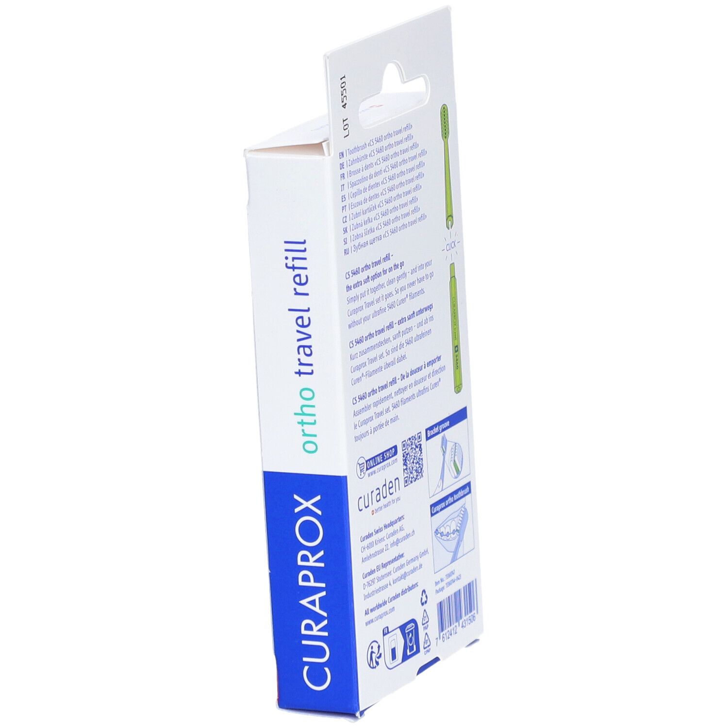 Seitenansicht der Verpackung. Text und Illustrationen. "CURAPROX" und "ortho travel refill" sind sichtbar.